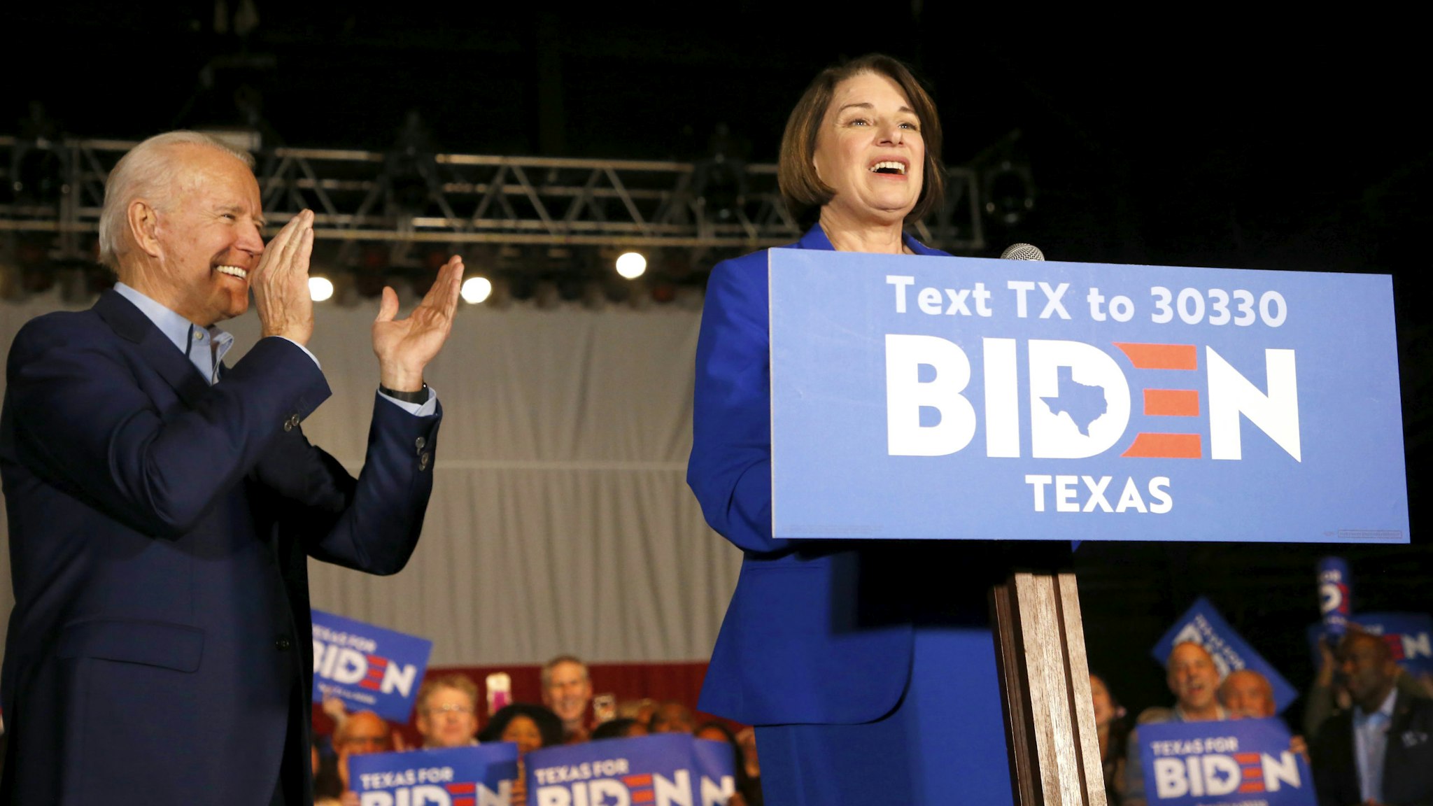DALLAS, TX - MARCH 02: Democratic presidential candidate former Vice President Joe Biden is joined on stage by Sen. Amy Klobuchar (D-MN) during a campaign event on March 2, 2020 in Dallas, Texas. Klobuchar has suspended her campaign and endorsed Biden before the upcoming Super Tuesday Democratic presidential primaries.