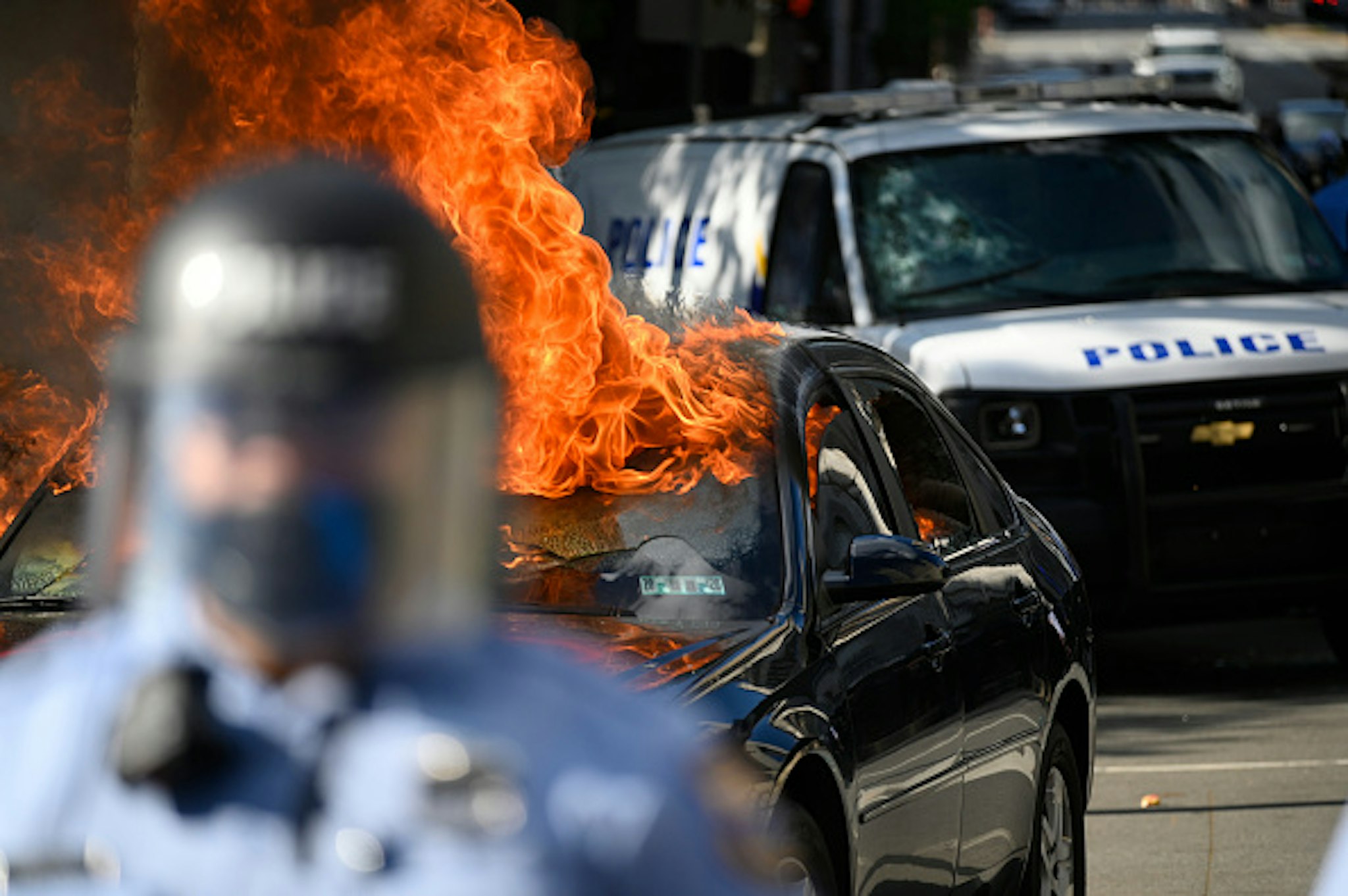 Protestors clash with police near City Hall, in Philadelphia, PA on May 30, 2020. Cities around the nation see thousands take to the streets to protest police brutality after the murder of George Floyd.