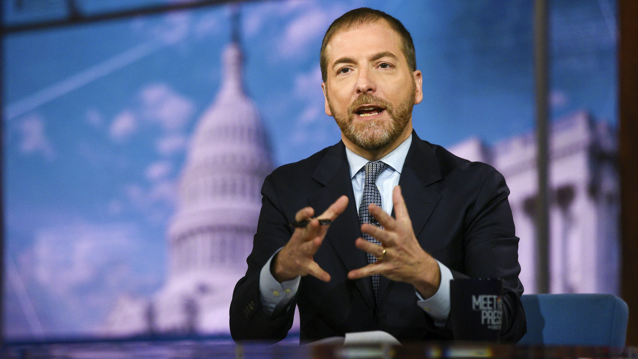 MEET THE PRESS -- Pictured: (l-r) -- Moderator Chuck Todd appears on Meet the Press" in Washington, D.C., Sunday, Feb. 16, 2020.