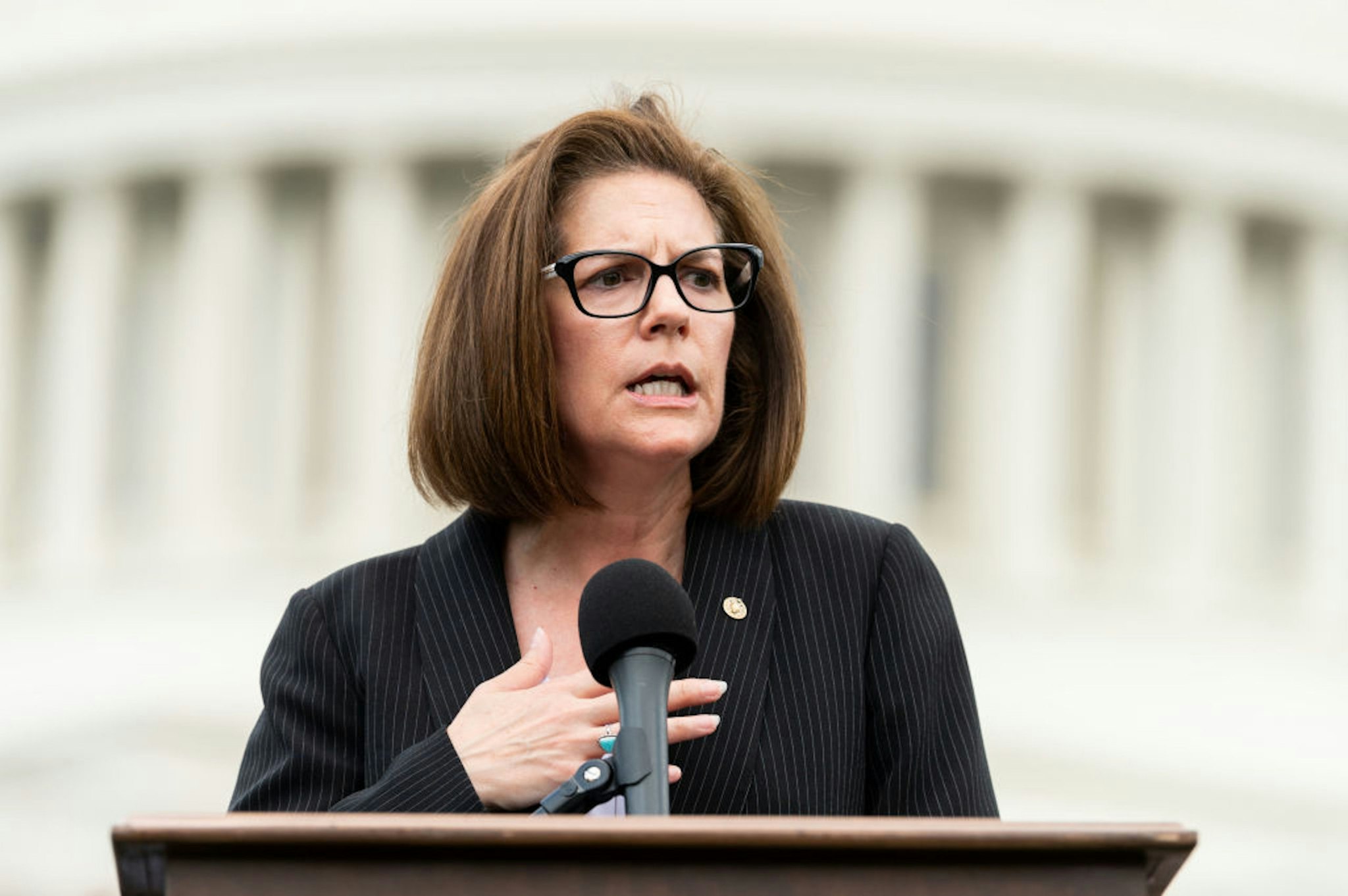 WASHINGTON, D C , UNITED STATES - 2019/06/20: U.S. Senator Catherine Cortez Masto (D-NV) speaks during the event in front of the Capitol to urge the passage of the H.R. 8 universal (gun ownership) background checks legislation. Event was held at the grass on the eastern side of the U.S. Capitol in Washington, DC.