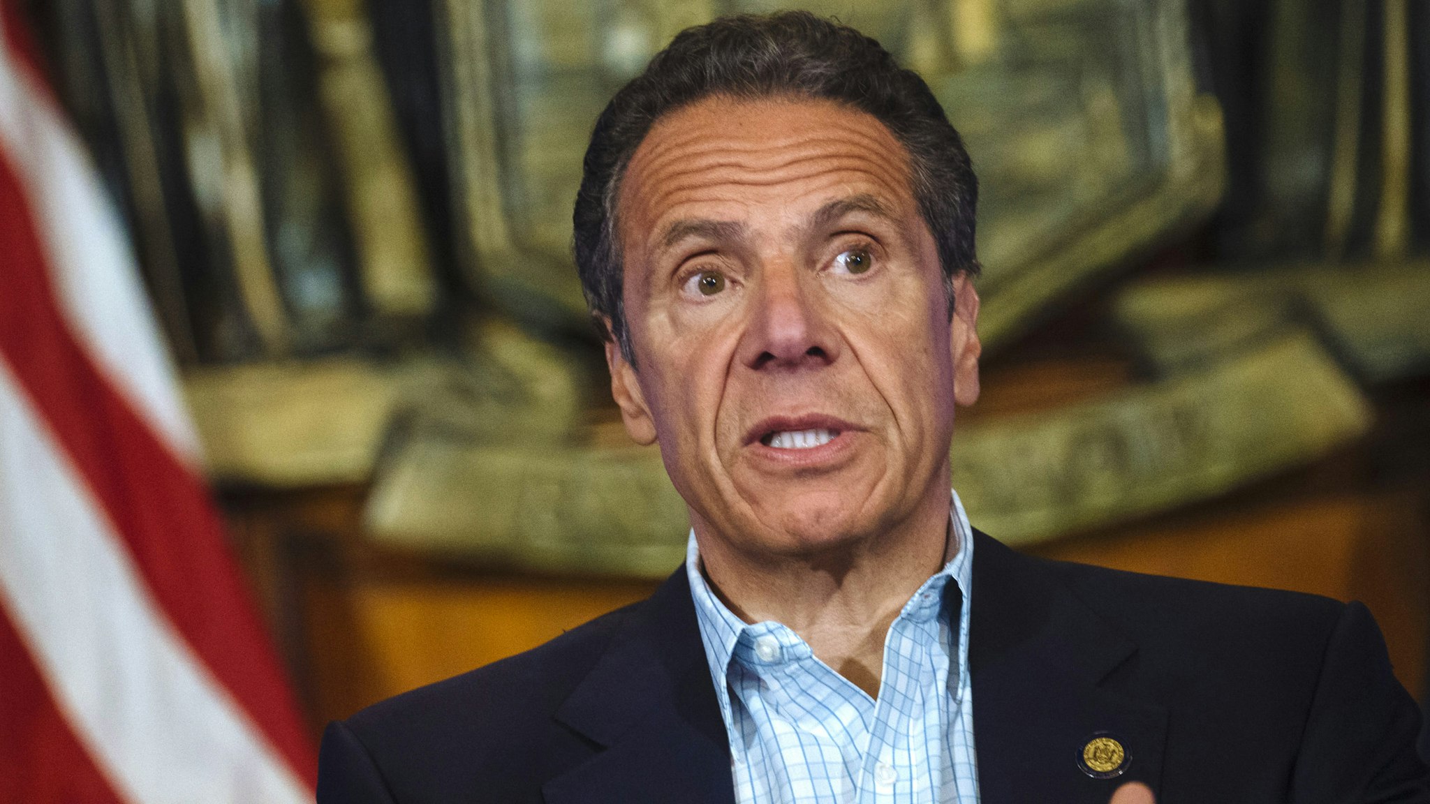 Andrew Cuomo, governor of New York, speaks during a news conference in the Red Room of the New York State Capitol Building in Albany, New York, U.S., on Sunday, May 17, 2020. Cuomo pleaded on Sunday for more New Yorkers to get tested for the coronavirus as the state reopens for business, engaging in a bit of political theater as he underwent a nasal swab test himself at his daily briefing.