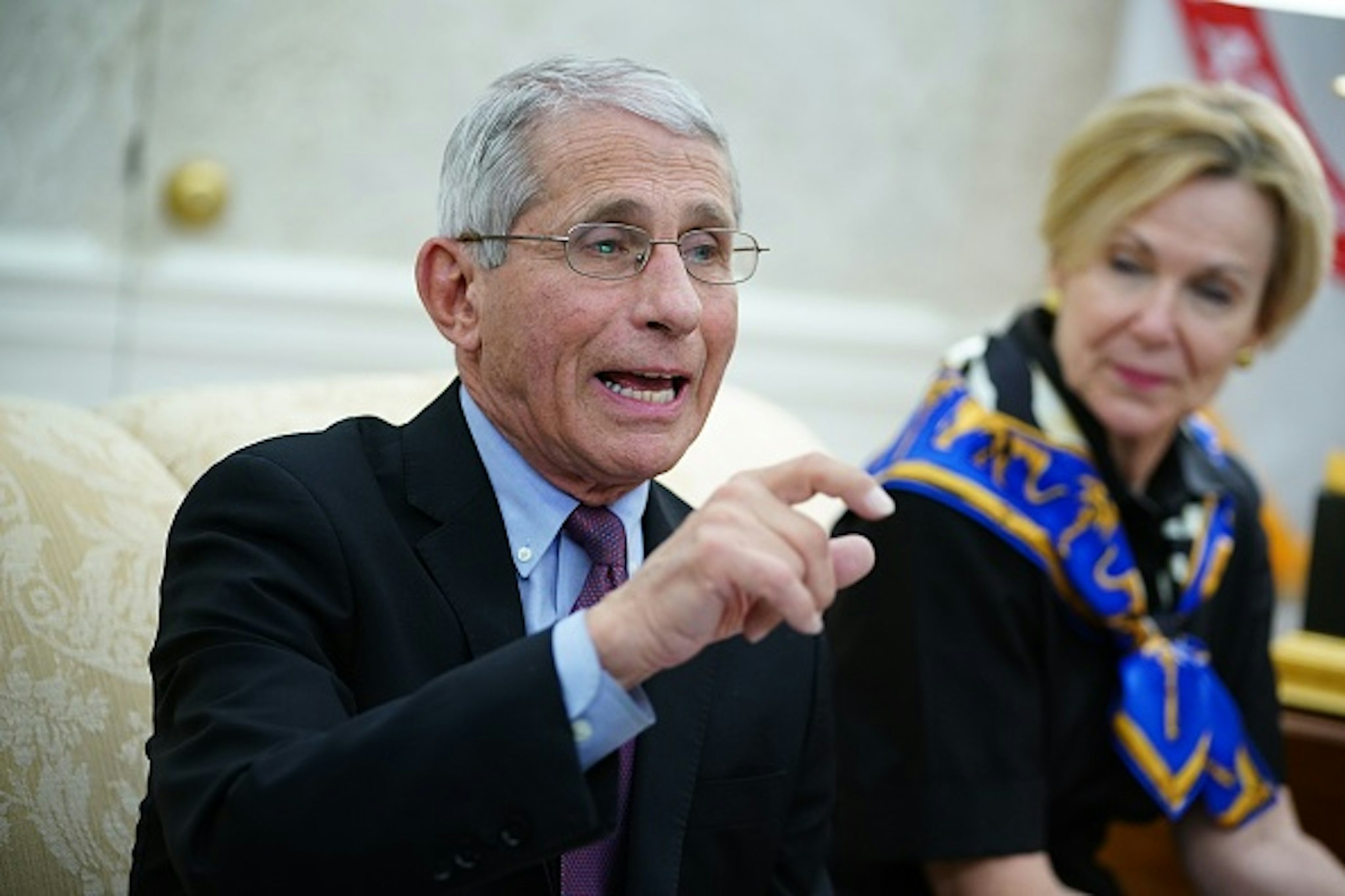 Dr. Anthony Fauci (L), director of the National Institute of Allergy and Infectious Diseases speaks next to Response coordinator for White House Coronavirus Task Force Deborah Birx, during a meeting with US President Donald Trump and Louisiana Governor John Bel Edwards D-LA in the Oval Office of the White House in Washington, DC on April 29, 2020.