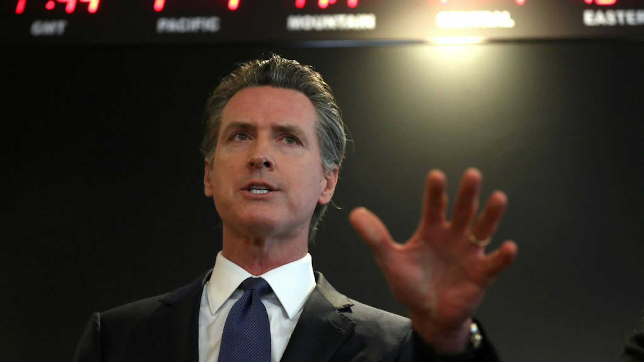 SACRAMENTO, CALIFORNIA - FEBRUARY 27: California Gov. Gavin Newsom speaks during a news conference at the California Department of Public Health on February 27, 2020 in Sacramento, California. California Gov. Gavin Newsom joined State health officials to an update to the public about the state's response to the Coronavirus known as COVID-19 a day after a possible first case of person-to-person transmission was reported in Northern California. (Photo by Justin Sullivan/Getty Images)