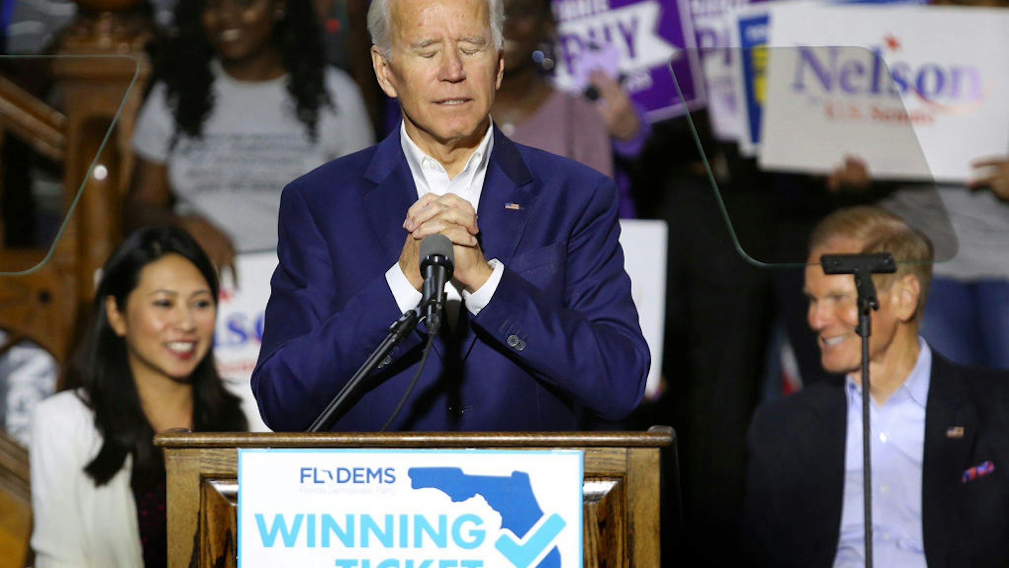 Former vice president Joe Biden takes a moment as fans cheer when a supporter shouts that Biden should run for president in 2020,