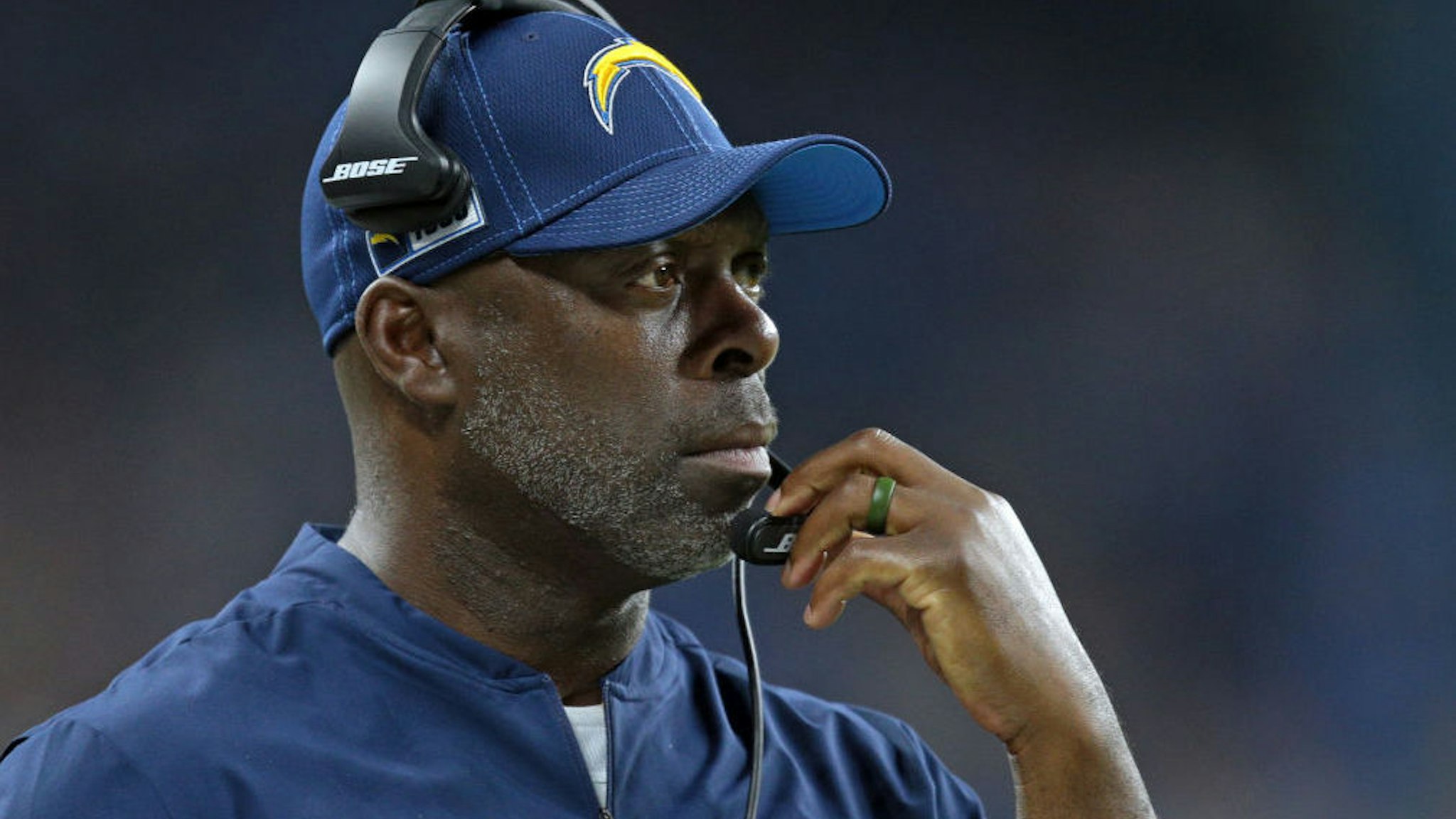 Los Angeles Chargers head coach Anthony Lynn follows the third quarter during the second half of an NFL football game against the Detroit Lions in Detroit, Michigan USA, on Sunday, September 15, 2019