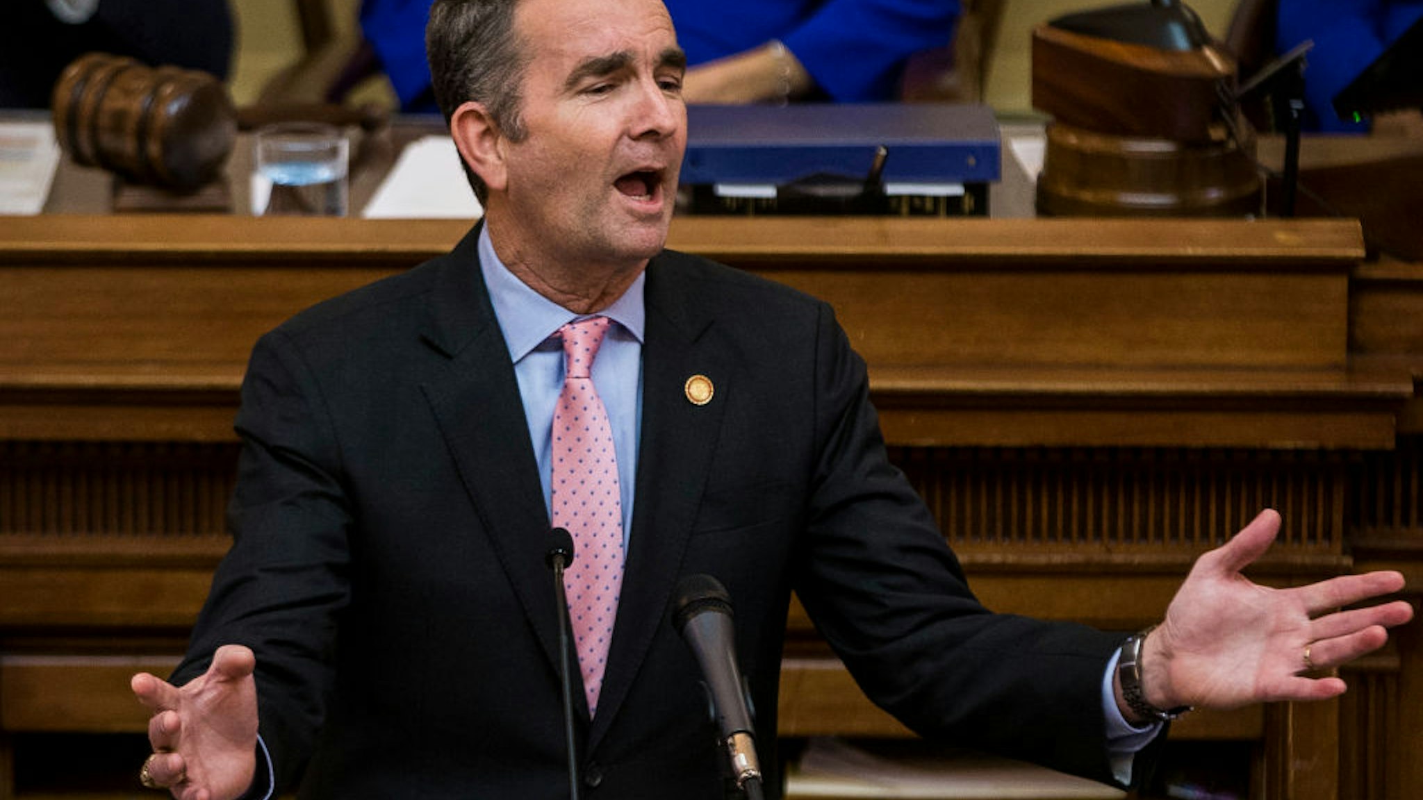 Gov. Ralph Northam delivers the State of the Commonwealth address at the Virginia State Capitol on January 8, 2020 in Richmond, Virginia.