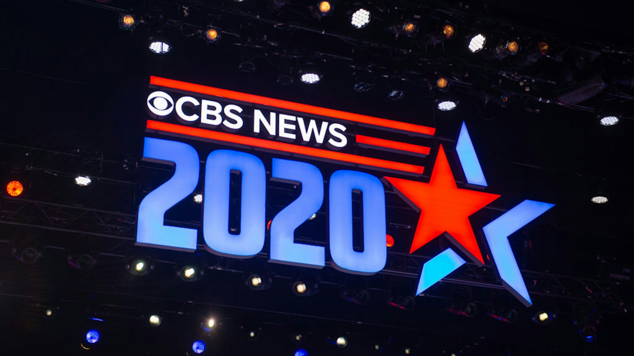 CBS News signage is displayed in the debate hall ahead of the Democratic presidential debate in Charleston, South Carolina, U.S., on Tuesday, Feb. 25, 2020.