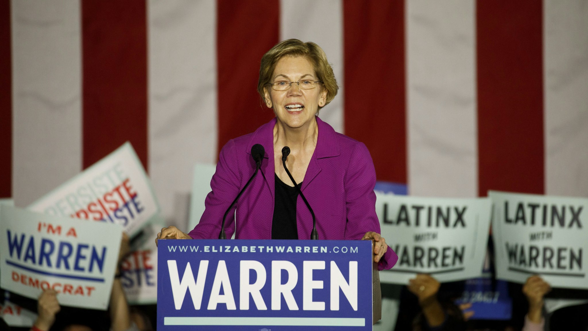 Senator Elizabeth Warren, a Democrat from Massachusetts and 2020 presidential candidate, speaks during a campaign event at East Los Angeles Community College in Monterey Park, California, U.S., on Monday, March 2, 2020. Joe Biden is consolidating support for his Democratic presidential campaign as centrists line up behind him to effectively try to block Bernie Sanders from winning the party's nomination. Photographer: Patrick T. Fallon/Bloomberg via Getty Images