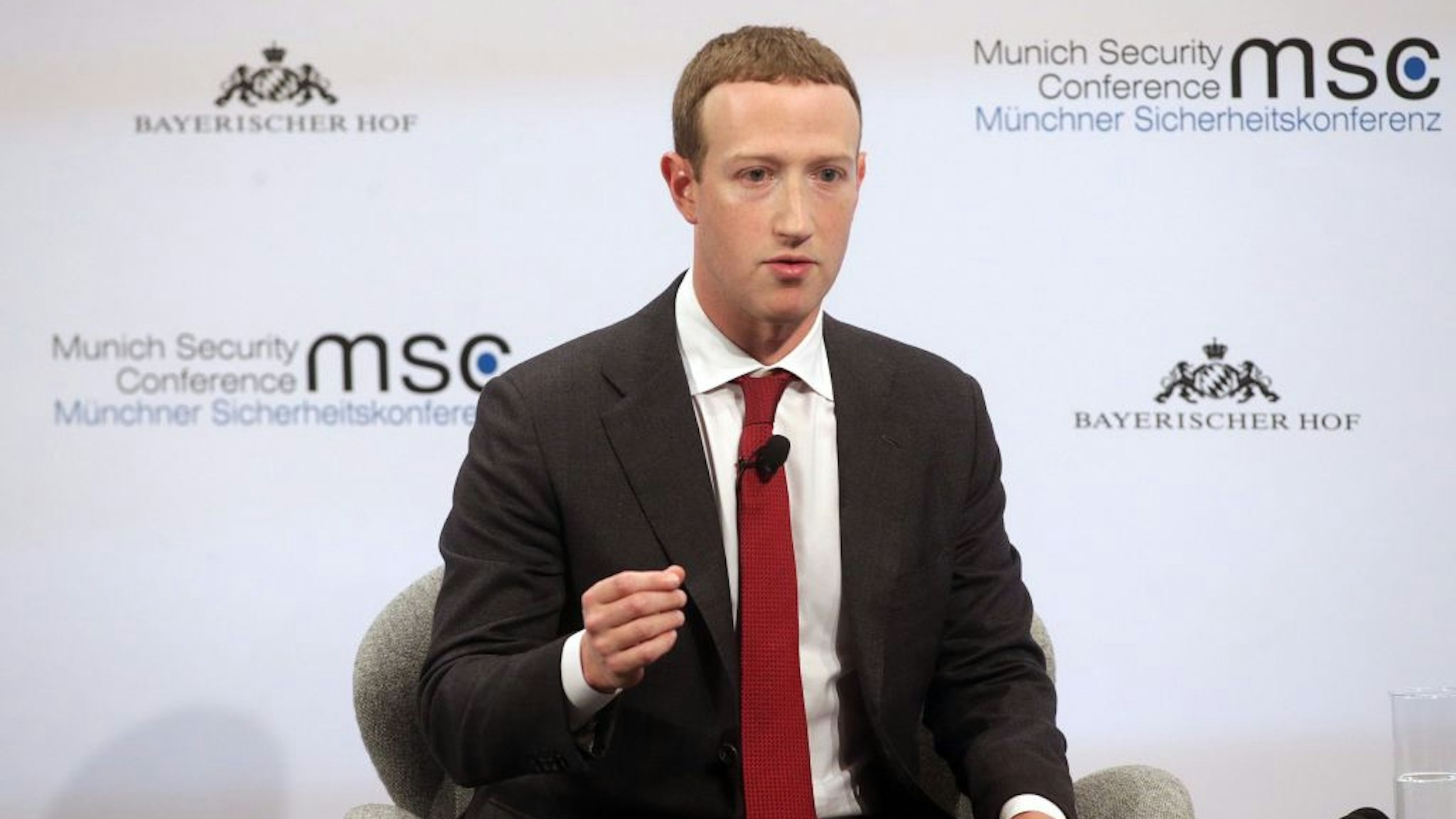 Facebook founder and CEO Mark Zuckerberg speaks during a panel talk at the 2020 Munich Security Conference (MSC) on February 15, 2020 in Munich, Germany.