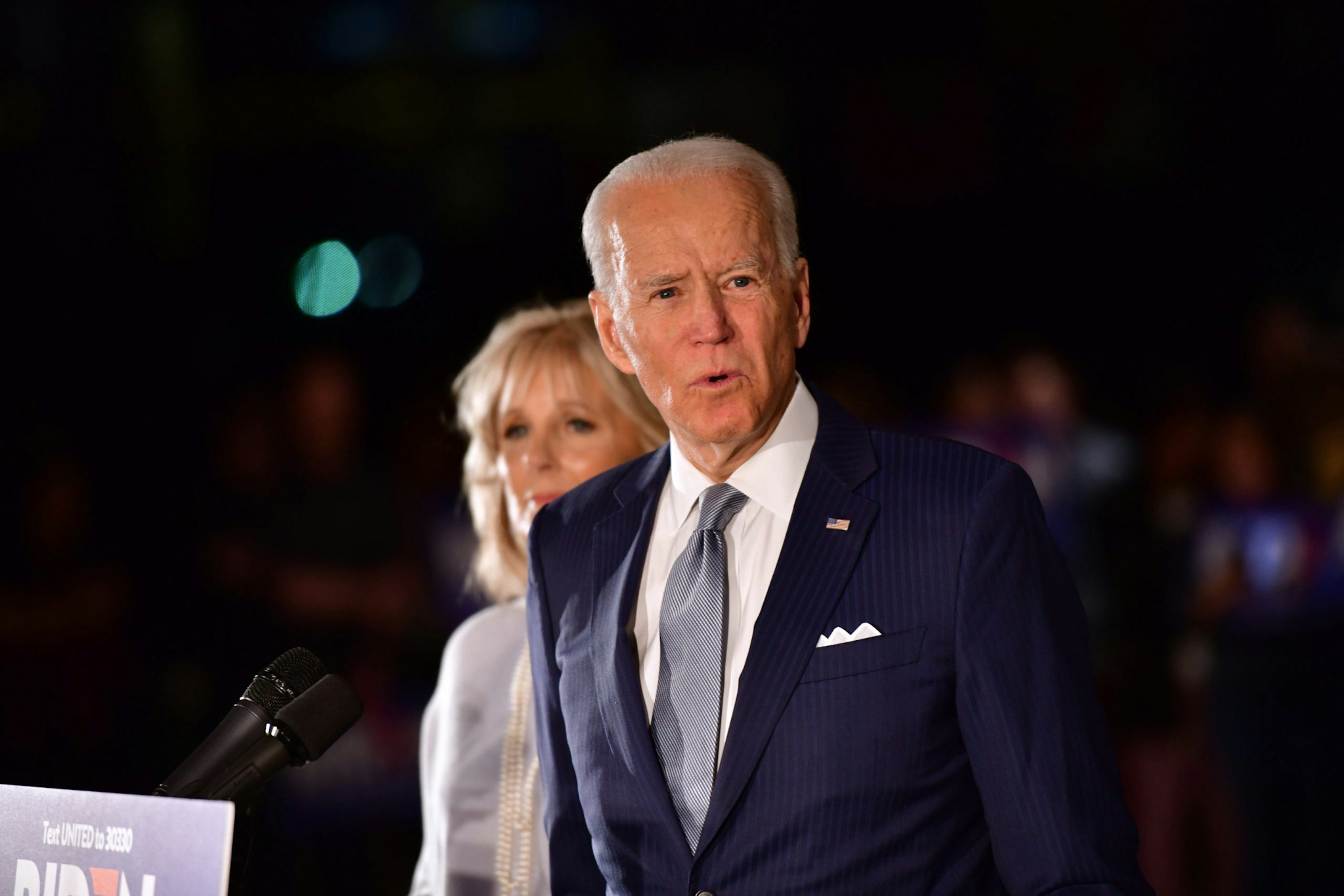PHILADELPHIA, PA - MARCH 10: Democratic Presidential candidate former Vice President Joe Biden addresses the media and a small group of supporters with his wife Dr. Jill Biden during a primary night event on March 10, 2020 in Philadelphia, Pennsylvania. Six states - Idaho, Michigan, Mississippi, Missouri, Washington, and North Dakota held nominating contests today. (Photo by Mark Makela/Getty Images)