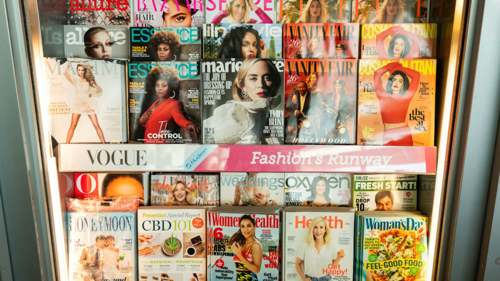 Various fashion magazines, including ELLE, Vanity Fair, Cosmopolitan and Marie Claire seen at a newsstand at Norman Y. Mineta San Jose International Airport.