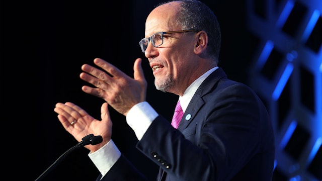 CHARLOTTE, NC - FEBRUARY 29: Tom Perez, Democratic National Committee (DNC) chairman, speaks during the Blue NC Celebration Dinner held at the Hilton Charlotte University Place on February 29, 2020 in Charlotte, North Carolina. Democratic candidates continue to campaign before voting starts on Super Tuesday, March 3. (Photo by Joe Raedle/Getty Images)