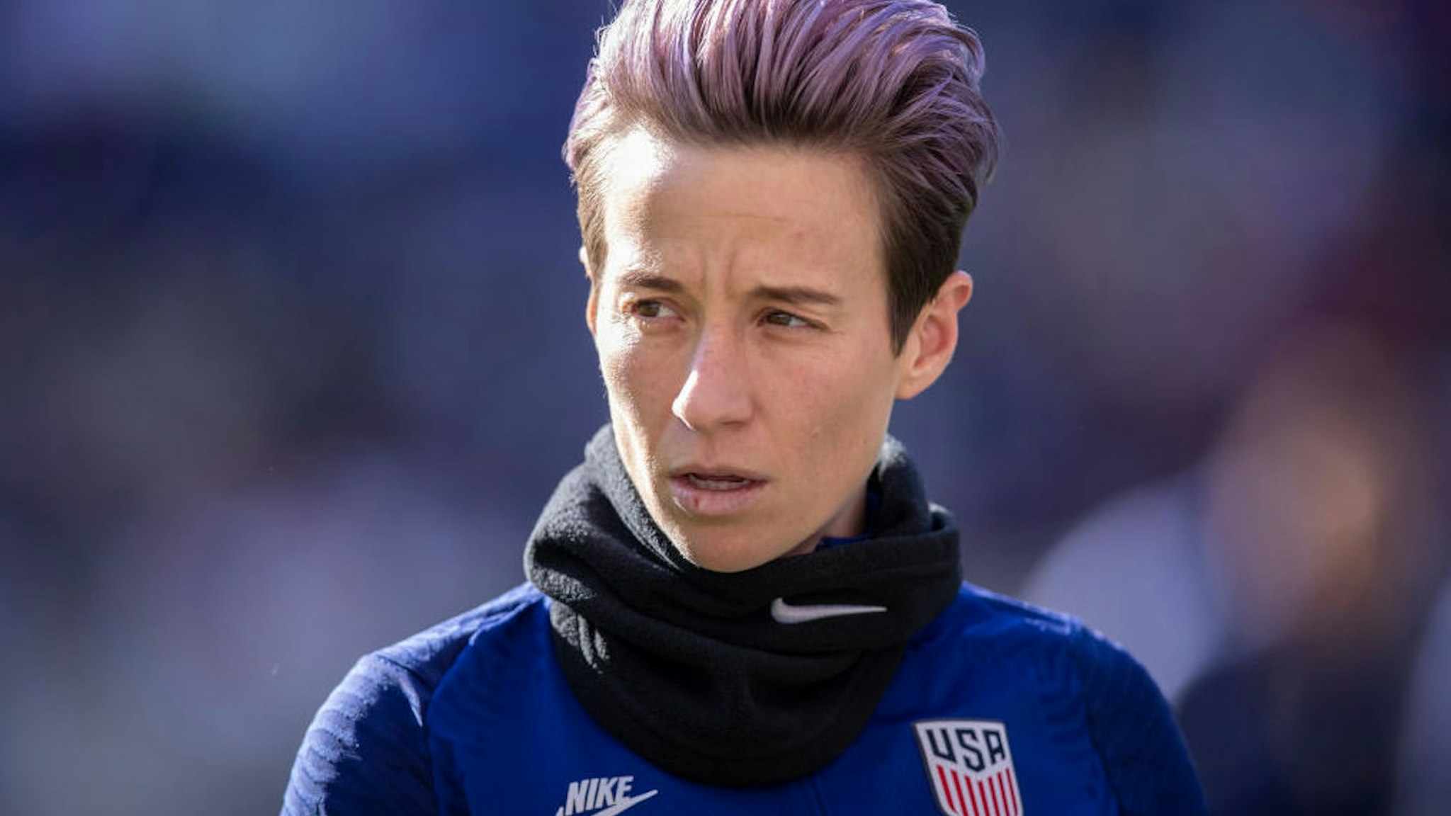 Megan Rapinoe #15 of the United States with pink hair warms up for the 2020 SheBelieves Cup match between United States and Spain sponsored by Visa. The match took place at Red Bull Arena on March 08, 2020 in Harrison, NJ, USA.