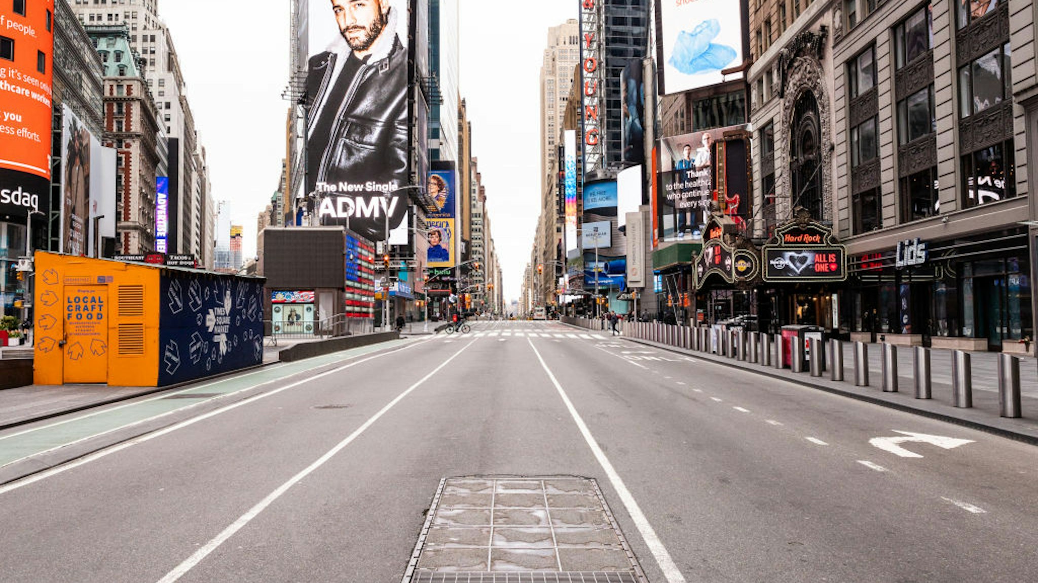 An empty and deserted street at New York City's Times Square during the covid 19 pandemic.-