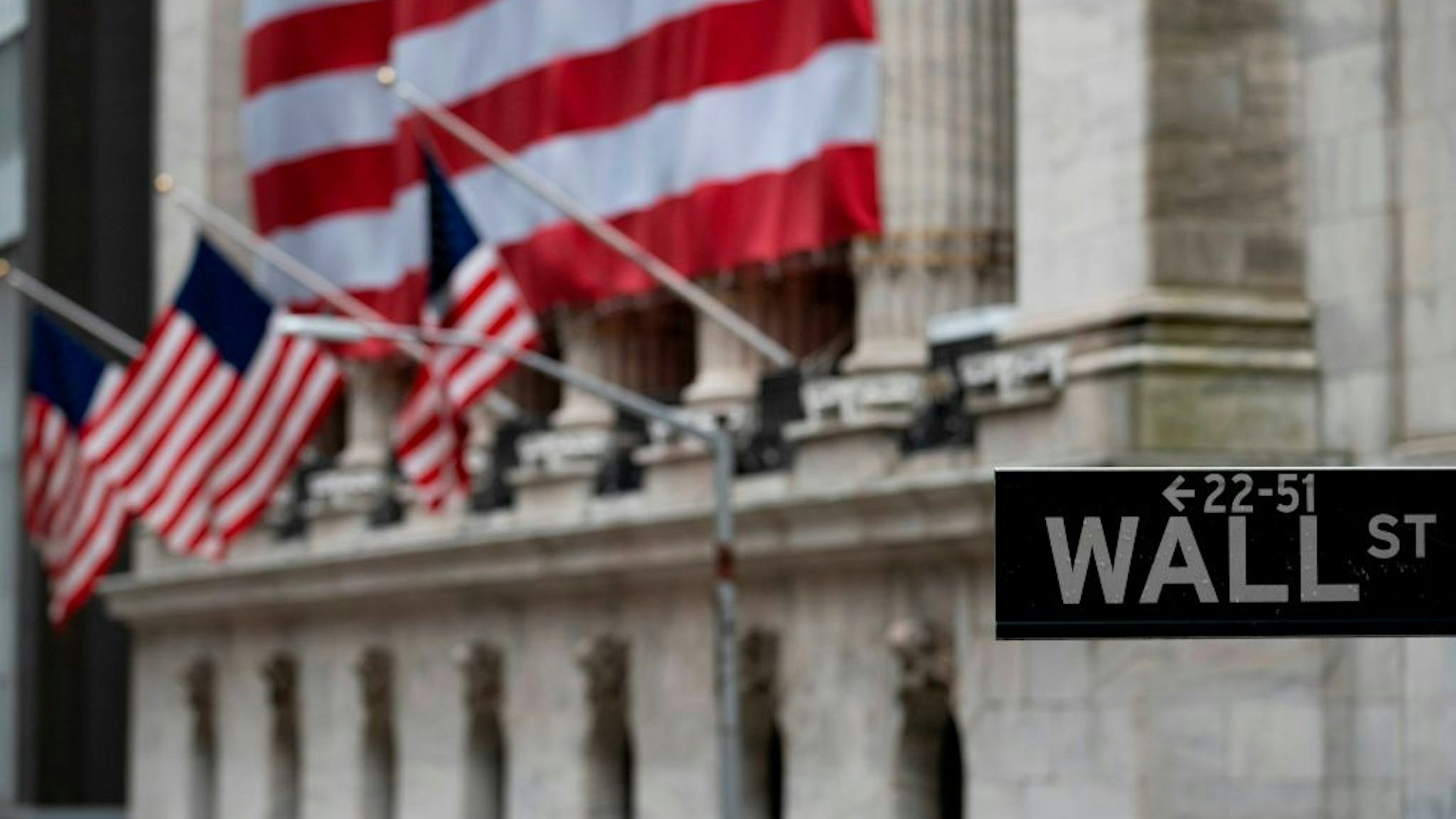 The US flag is seen at the New York Stock Exchange (NYSE) on April 30, 2020 in New York City.