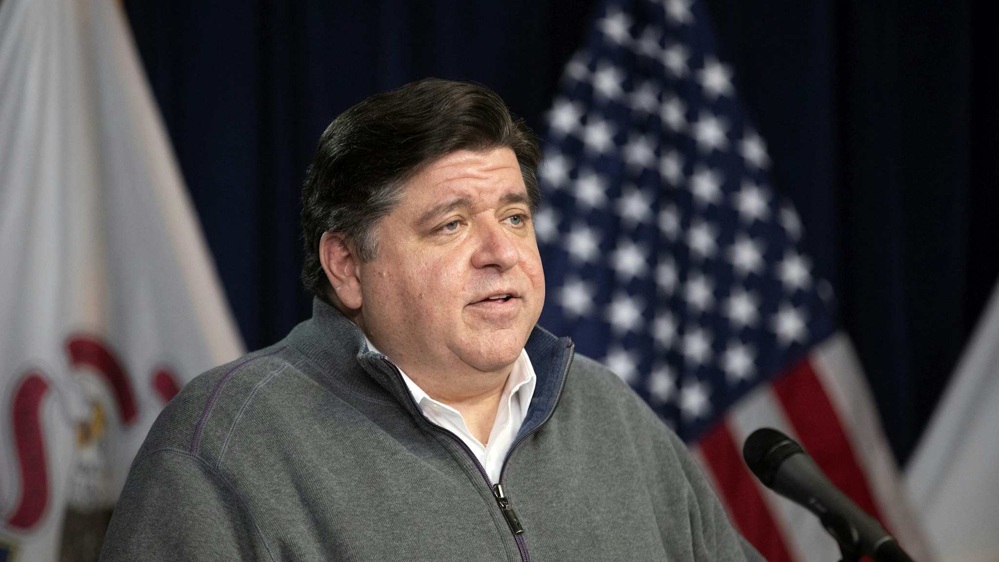 Illinois Gov. J.B. Pritzker speaks during the daily press briefing regarding the coronavirus pandemic Sunday, May 3, 2020, at the James R. Thompson Center in Chicago. (Erin Hooley/Chicago Tribune/Tribune News Service via Getty Images)