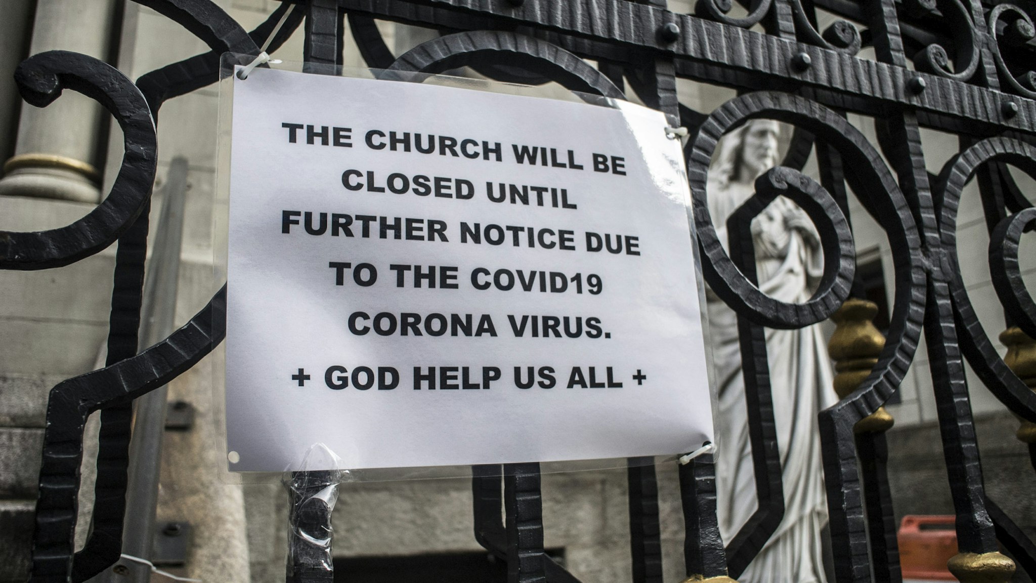 NEW YORK, NY - March 18 MANDATORY CREDIT Bill Tompkins/Getty Images Church closing due to the coronavirus COVID-19 pandemic on March 18, 2020 in New York City. (Photo by Bill Tompkins/Getty Images)