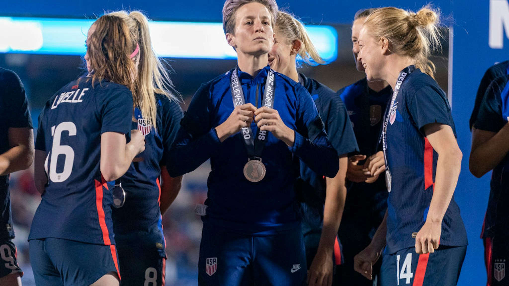Megan Rapinoe #14 of the United States celebrates during a game between Japan and USWNT at Toyota Stadium on March 11, 2020 in Frisco, Texas.