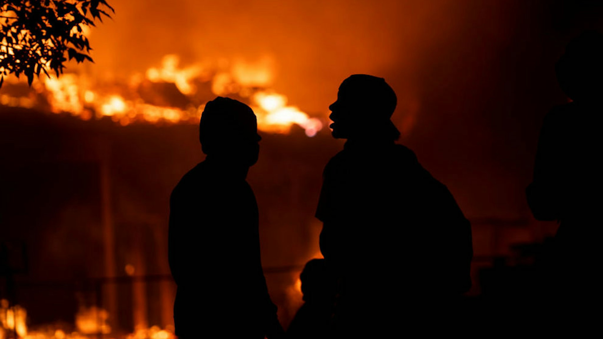 A construction site burns in a large fire near the Third Police Precinct on May 27, 2020 in Minneapolis, Minnesota.