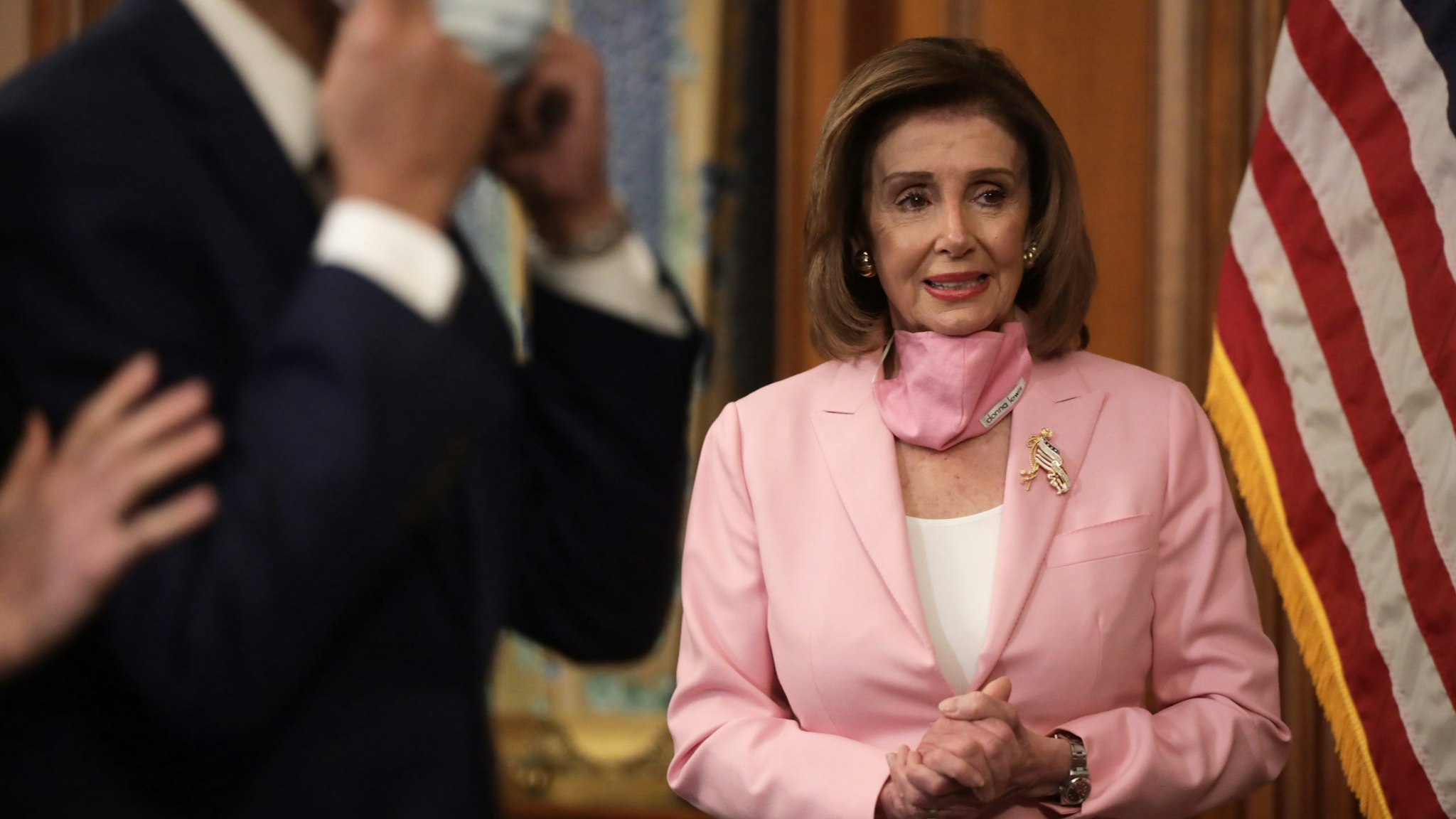 WASHINGTON, DC - MAY 05: U.S. Speaker of the House Rep. Nancy Pelosi (D-CA) is seen during a ceremonial swearing-in at the U.S. Capitol May 5, 2020 in Washington, DC. Rep. Kweisi Mfume (D-MD) will be finishing the term of the late Rep. Elijah Cummings (D-MD) who had passed in October of 2019. (Photo by Alex Wong/Getty Images)