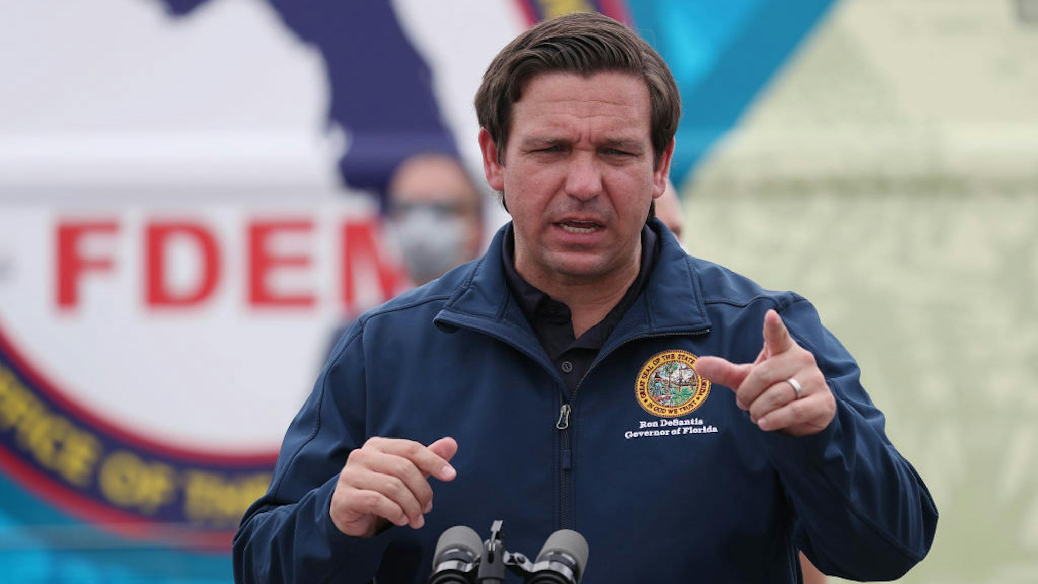 Florida Governor Ron DeSantis Holds Coronavirus Press Briefing Florida Gov. Ron DeSantis speaks during a press conference at the Hard Rock Stadium testing site on May 06, 2020 in Miami Gardens, Florida.