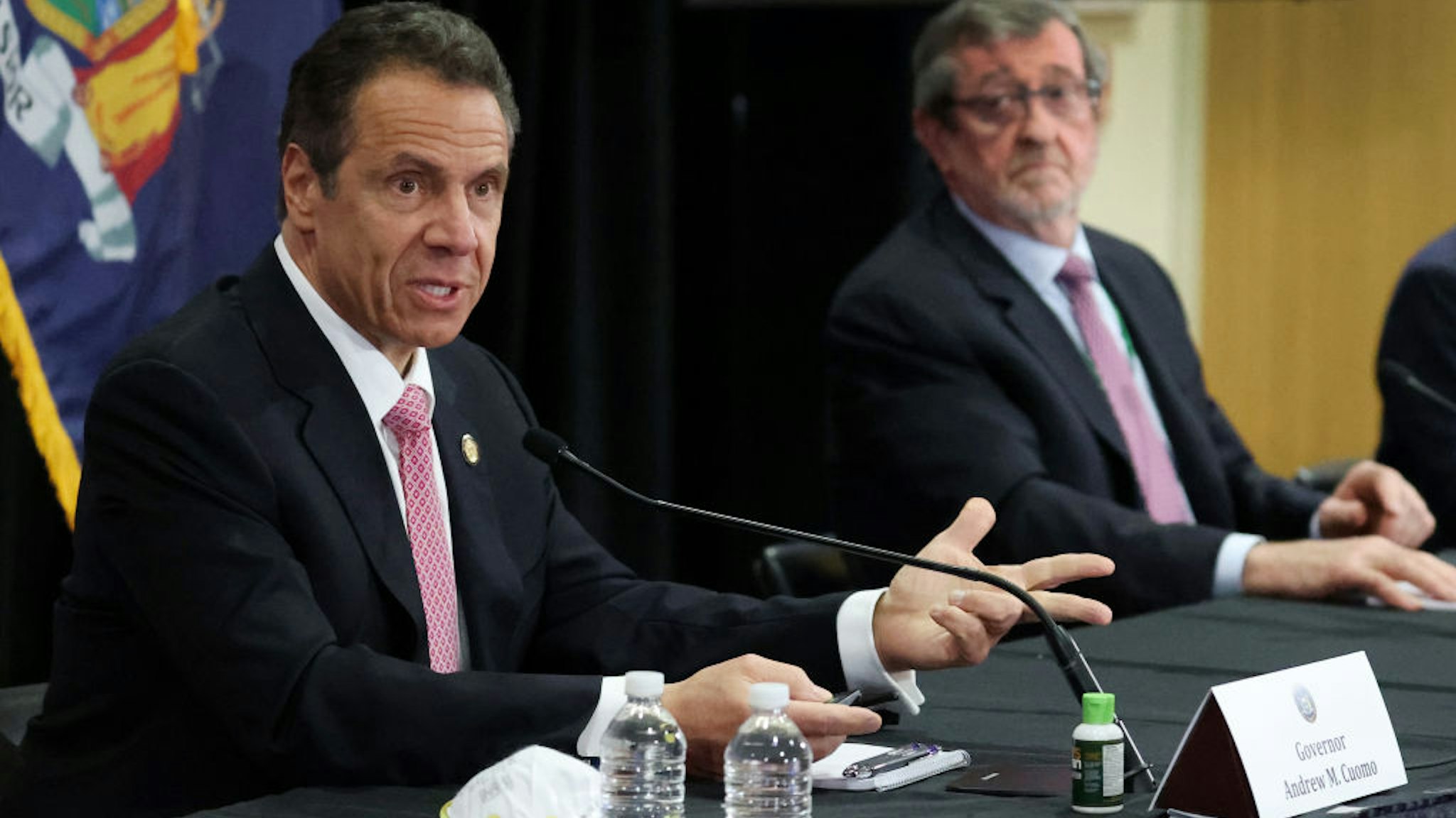 New York Governor Andrew Cuomo speaks while President and CEO of Northwell Health Michael Dowling looks on during a Coronavirus Briefing At Northwell Feinstein Institute For Medical Research on May 06, 2020 in Manhasset, New York.