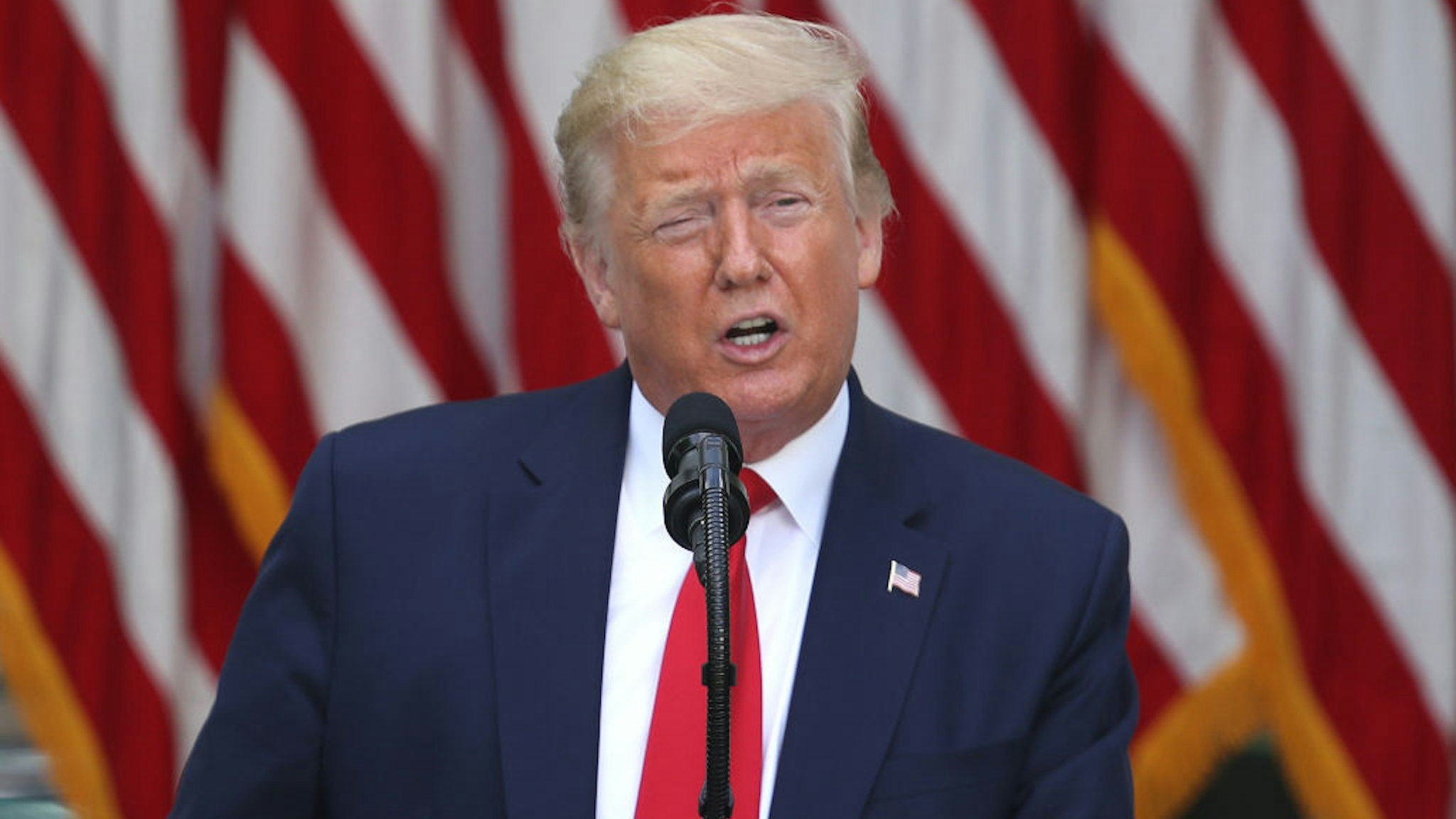 U.S. President Donald Trump makes remarks during an event on protecting seniors with diabetes, in the Rose Garden at the White House on May 26, 2020 in Washington, DC.