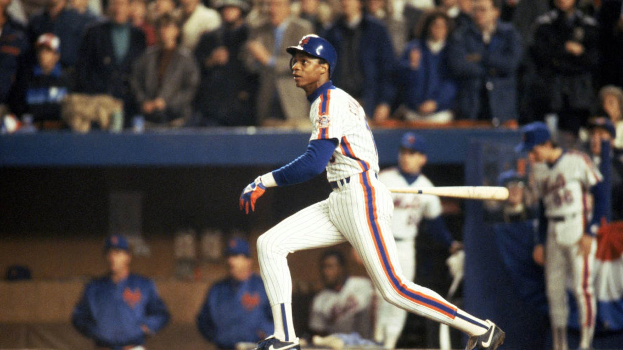 Right fielder Darryl Strawberry #18 of the New York Mets swings during game 7 of the 1986 World Series against the Boston Red Sox at Shea Stadium on October 27, 1986