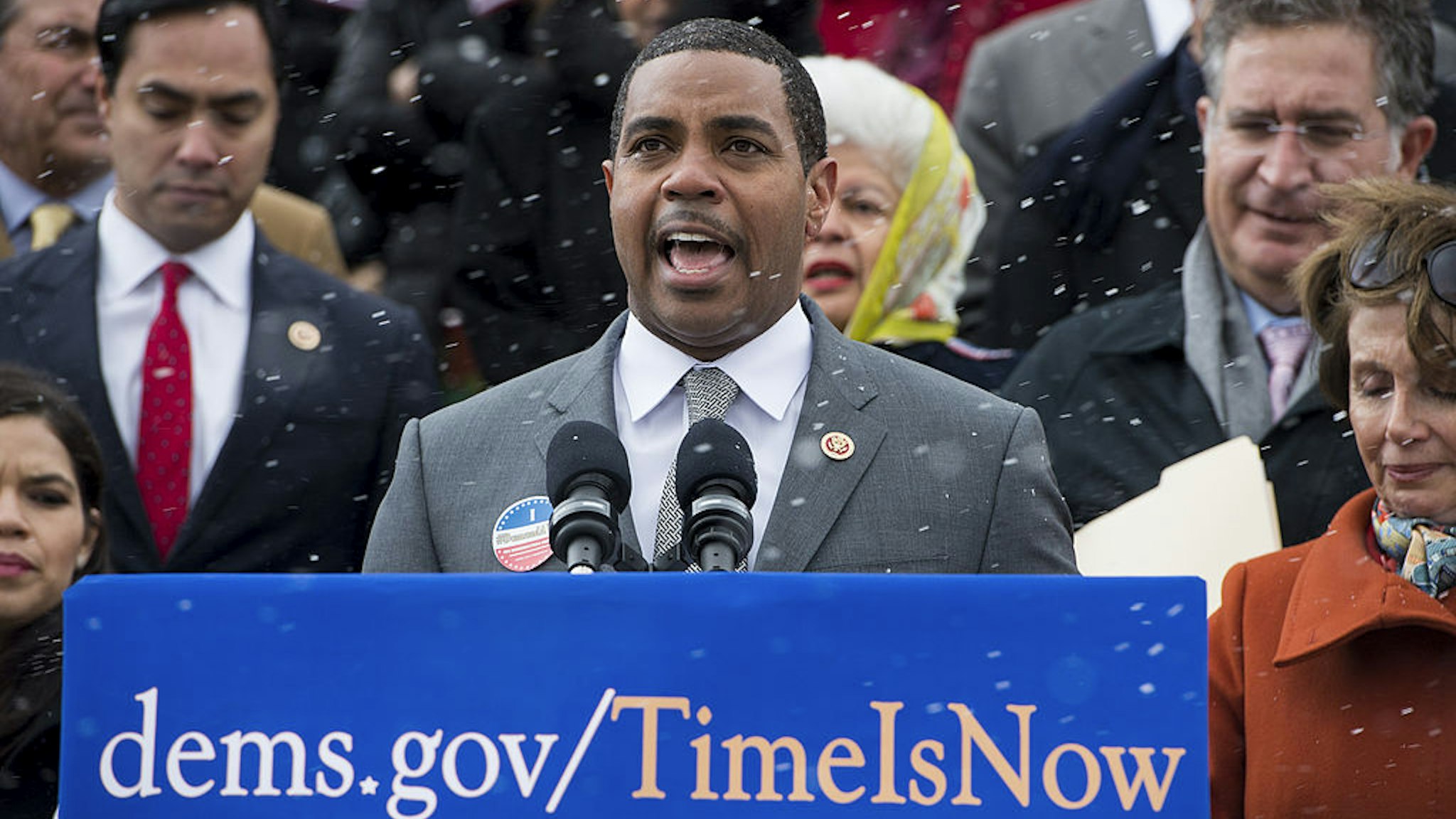Rep. Steve Horsford, D-Nev., speaks as House Democrats and immigration reform advocates gather on the House steps during a snow squall before heading back into the Capitol to force a vote on immigration reform on Wednesday, March 26, 2014.