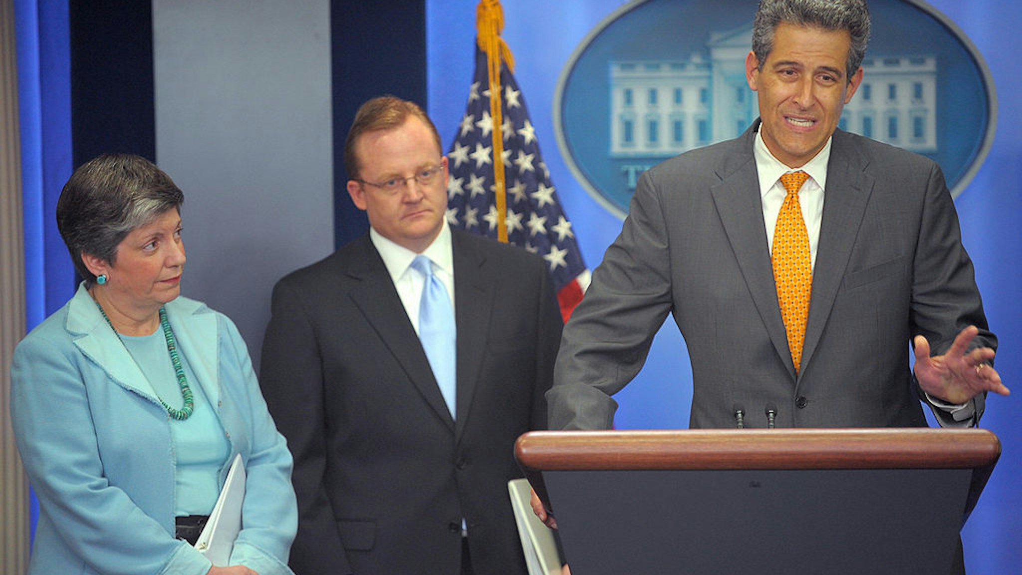 Homeland Security Secretary Janet Napolitano(L) and Robert Gibbs, White House Press Secretary look on as acting director of the Centers for Disease Control and Prevention, Dr. Richard Besser speaks during a press briefing on the swine flu outbreak April 26, 2009 in the Brady Press Briefing Room of the White House in Washington, DC