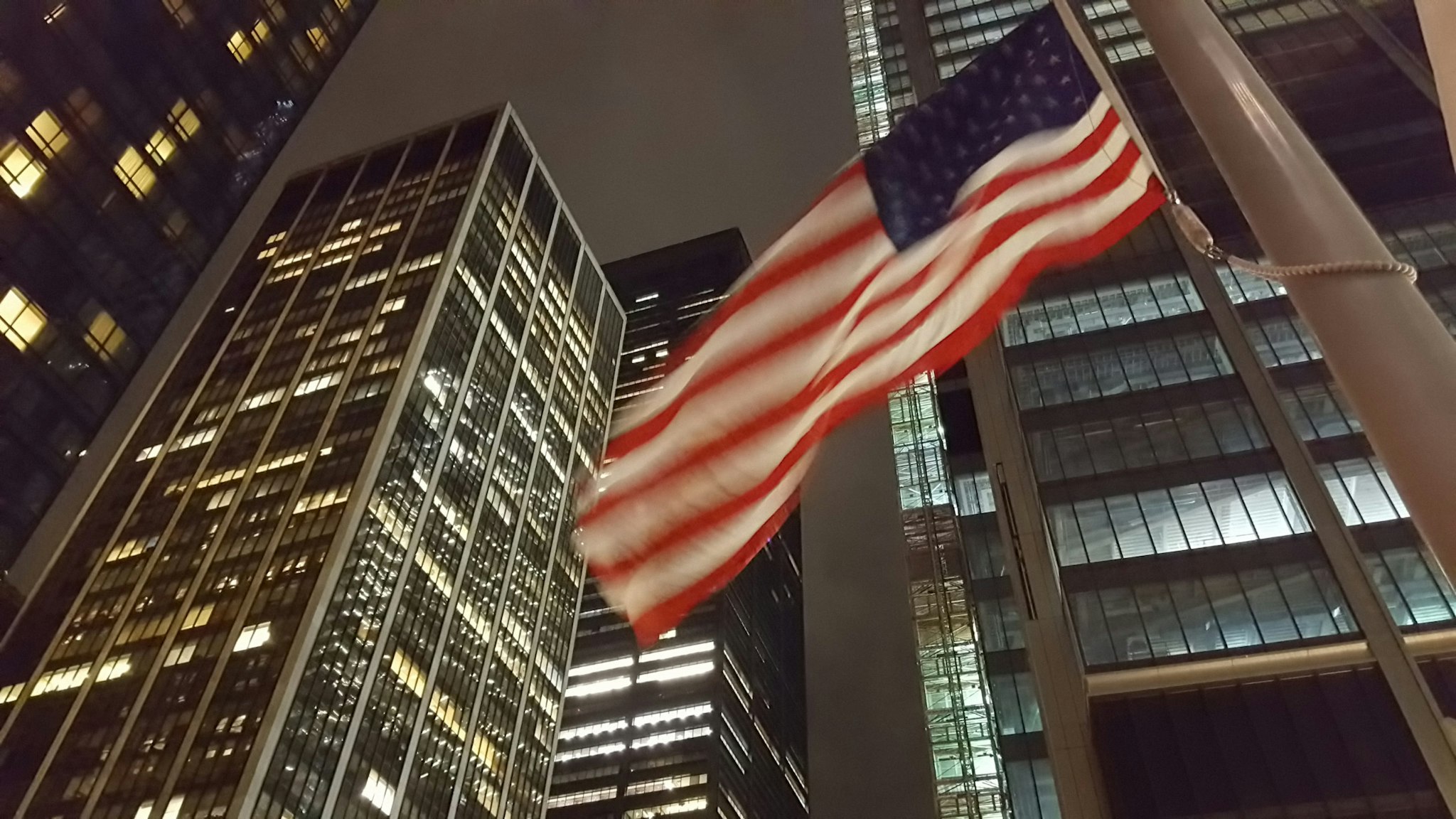 American flag at Ground Zero, World Trade Center Site, Lower Manhattan, at night. New York City, USA
