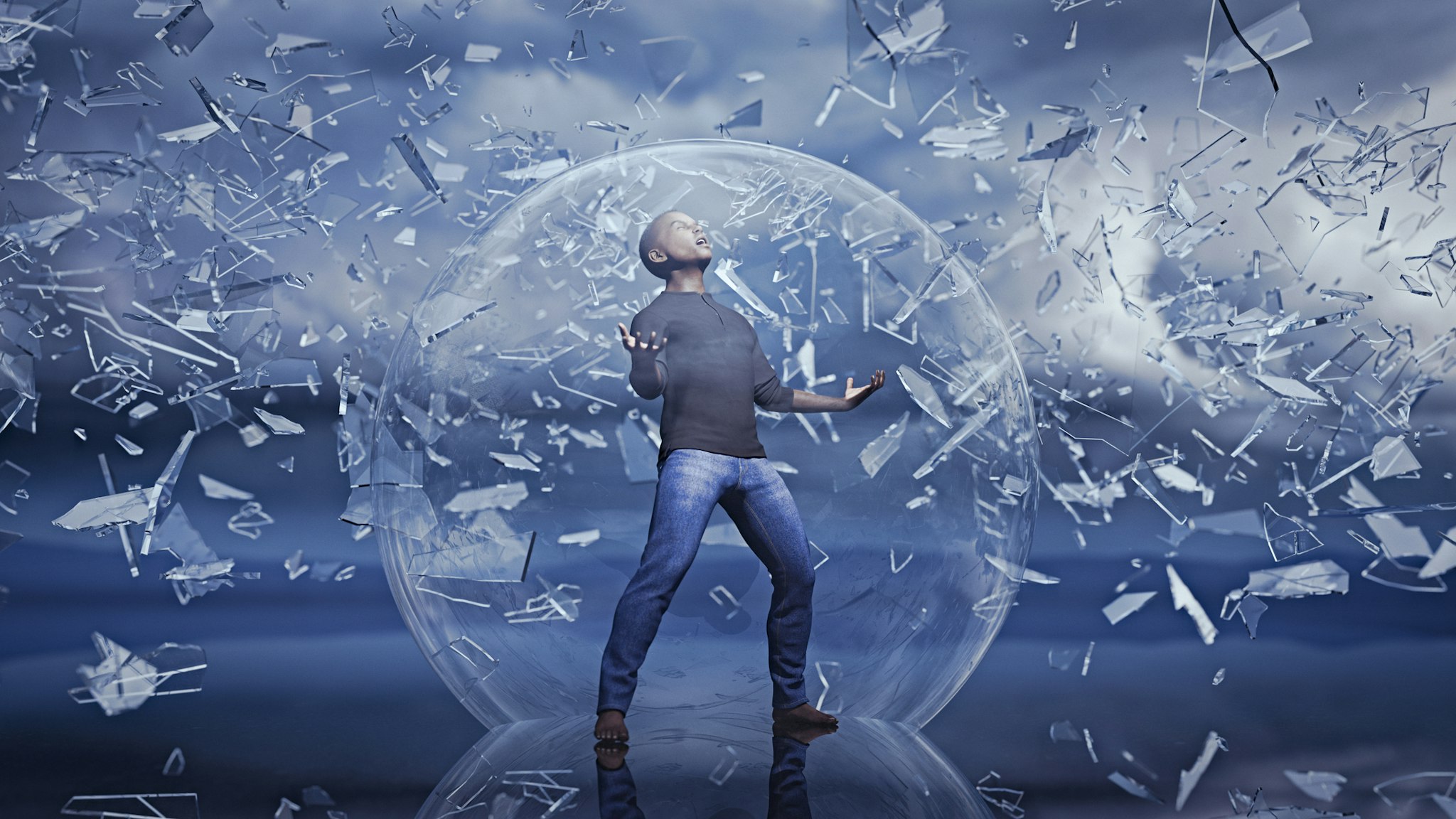 Man standing in sphere protected from falling shards of glass - stock photo