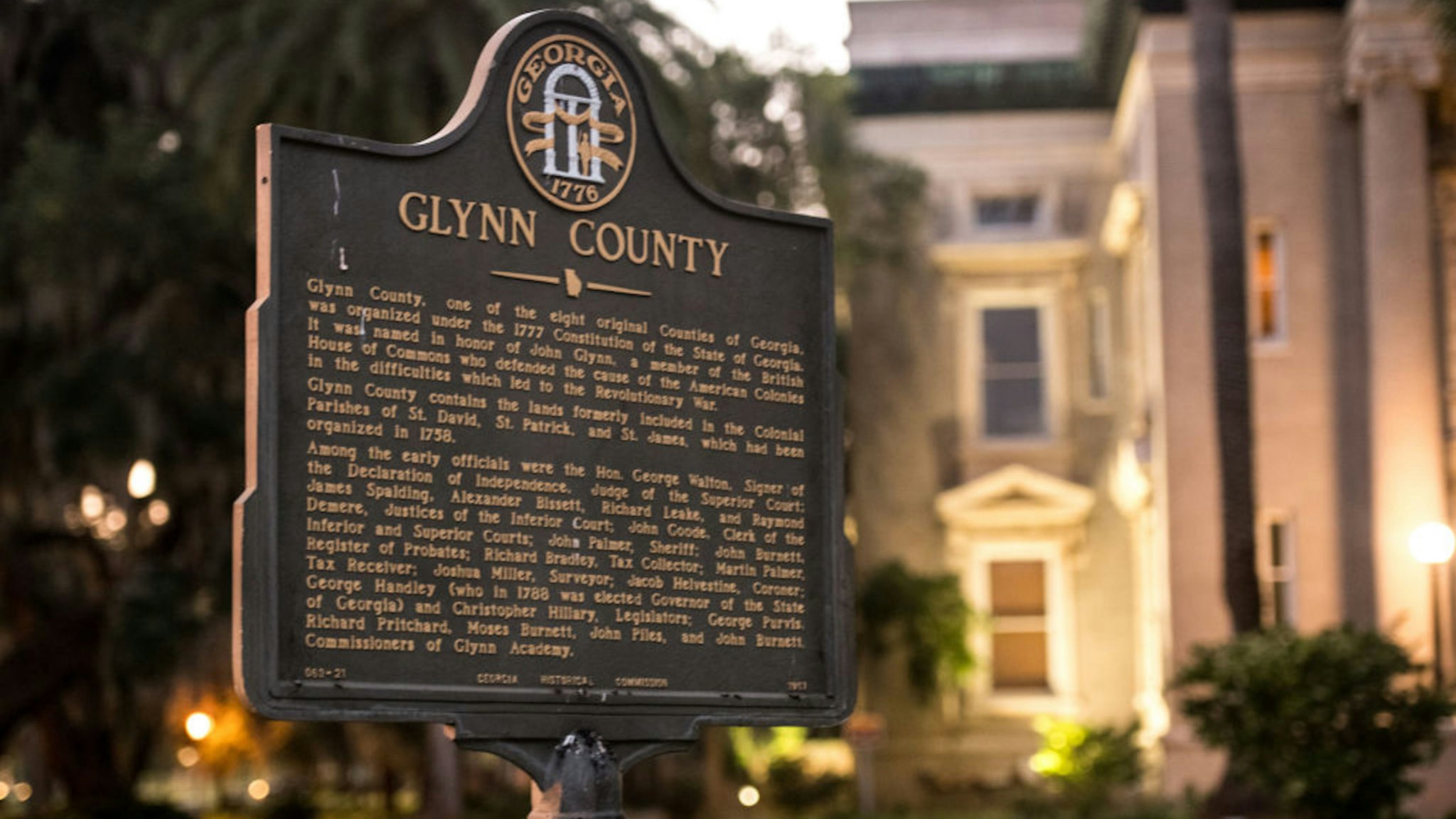 BRUNSWICK, GA - MAY 06: A marker stands in front of the historic Glynn County courthouse May 6, 2020 in Brunswick, Georgia. Authorities are facing scrutiny over a recently released video that appears to show 25-year-old Ahmaud Arbery being gunned down while jogging during a confrontation with an armed father and son on February 23.