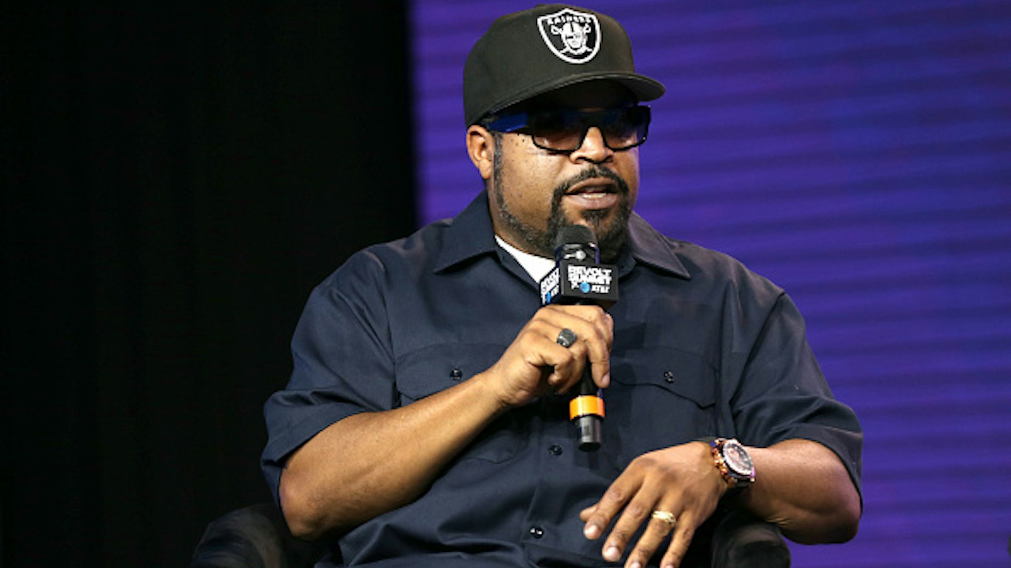 LOS ANGELES, CALIFORNIA - OCTOBER 27: Ice Cube speaks onstage during the REVOLT X AT&amp;T Host REVOLT Summit In Los Angeles at Magic Box on October 27, 2019 in Los Angeles, California.