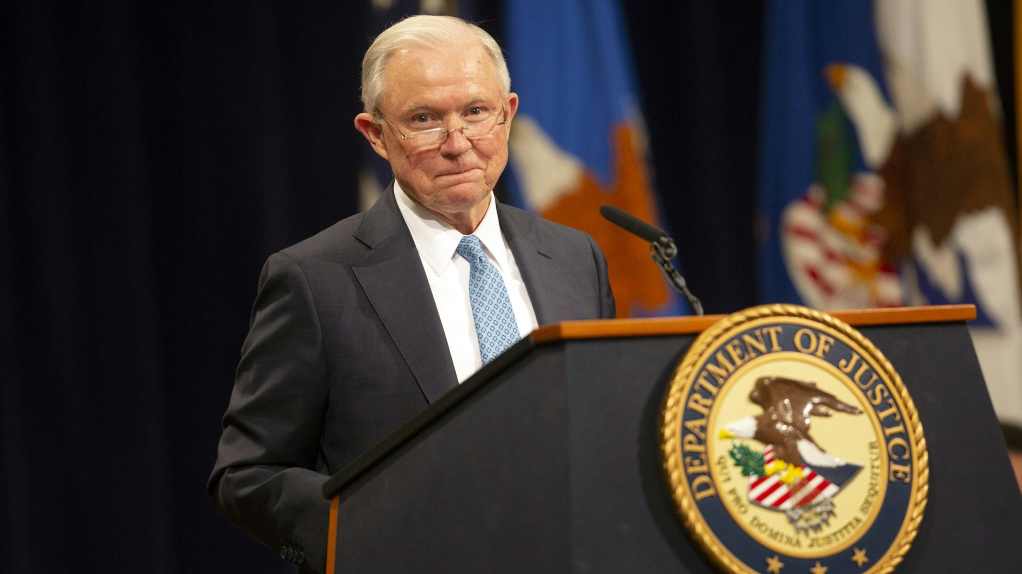 Jeff Sessions, U.S. former attorney general, speaks during a farewell ceremony for Rod Rosenstein, deputy attorney general, in Washington D.C., U.S., on Thursday, May 9, 2019. Rosenstein's exit from the Justice Department caps a tenure marked by a tumultuous relationship with President Donald Trump.