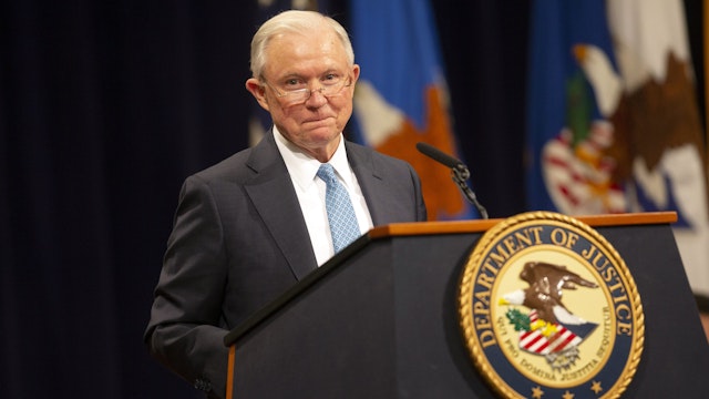 Jeff Sessions, U.S. former attorney general, speaks during a farewell ceremony for Rod Rosenstein, deputy attorney general, in Washington D.C., U.S., on Thursday, May 9, 2019. Rosenstein's exit from the Justice Department caps a tenure marked by a tumultuous relationship with President Donald Trump.