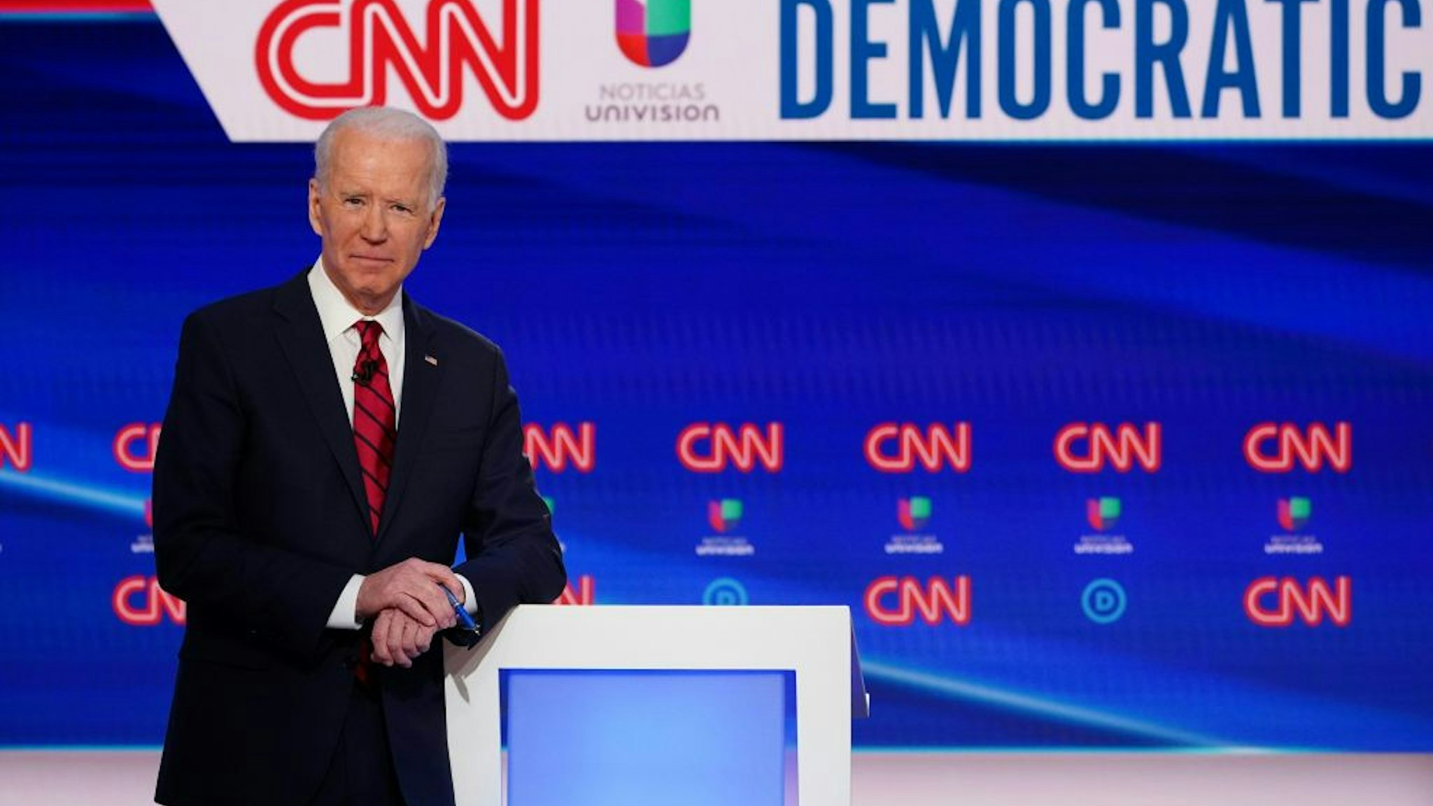 Democratic presidential hopeful former US vice president Joe Biden is seen on stage as he and Senator Bernie Sanders take part in the 11th Democratic Party 2020 presidential debate in a CNN Washington Bureau studio in Washington, DC on March 15, 2020. (Photo by Mandel NGAN / AFP) (Photo by MANDEL NGAN/AFP via Getty Images)