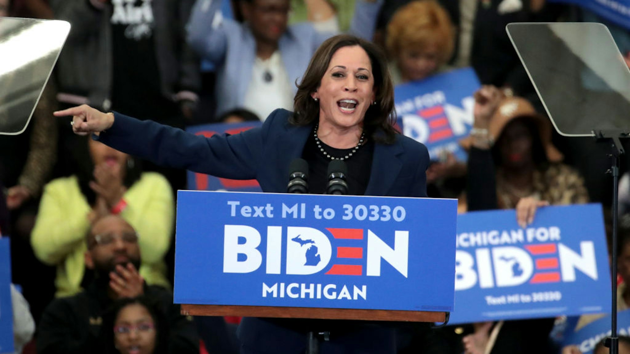 DETROIT, MICHIGAN - MARCH 09: Sen. Kamala Harris (D-CA) introduces Democratic presidential candidate former Vice President Joe Biden at a campaign rally at Renaissance High School on March 09, 2020 in Detroit, Michigan. Michigan will hold its primary election tomorrow. (Photo by Scott Olson/Getty Images)