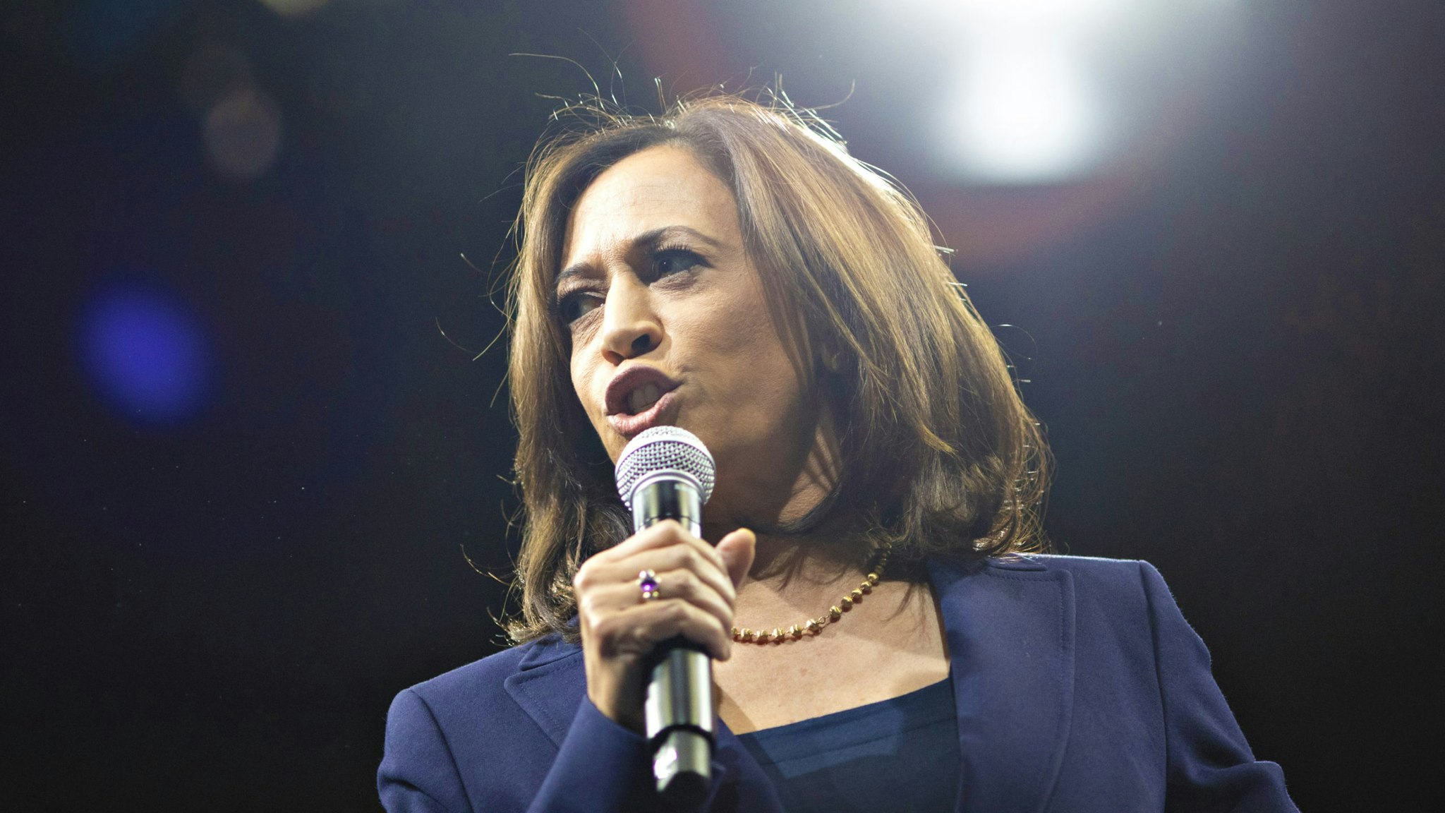 Senator Kamala Harris, a Democrat from California and 2020 presidential candidate, speaks during the Iowa Democratic Party Liberty &amp; Justice Dinner in Des Moines, Iowa, U.S., on Friday, Nov. 1, 2019. A New York Times/Siena College poll of Iowa Democrats released Friday showed the top four candidates Warren, Sanders, Buttigieg and Biden all bunched up in a five-point spread at the top of the field, within the poll's margin of error.
