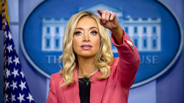 Kayleigh McEnany, White House press secretary, speaks during a briefing in Washington, D.C., U.S., on Wednesday, May 20, 2020. President Trump said he may reschedule a meeting of the Group of Seven (G-7) nations to take place at the presidential retreat at Camp David, Maryland, after having canceled the in-person gathering due to the coronavirus pandemic.
