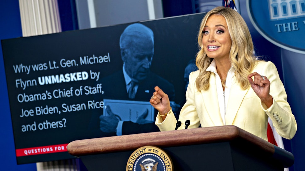 Kayleigh McEnany, White House press secretary, speaks during a news conference in the Brady Press Briefing Room of the White House in Washington, D.C., U.S., on Friday, May 22, 2020. President Trump ordered states to allow churches to reopen from stay-at-home restrictions imposed to combat the coronavirus outbreak, saying he would override any governor who refuses.