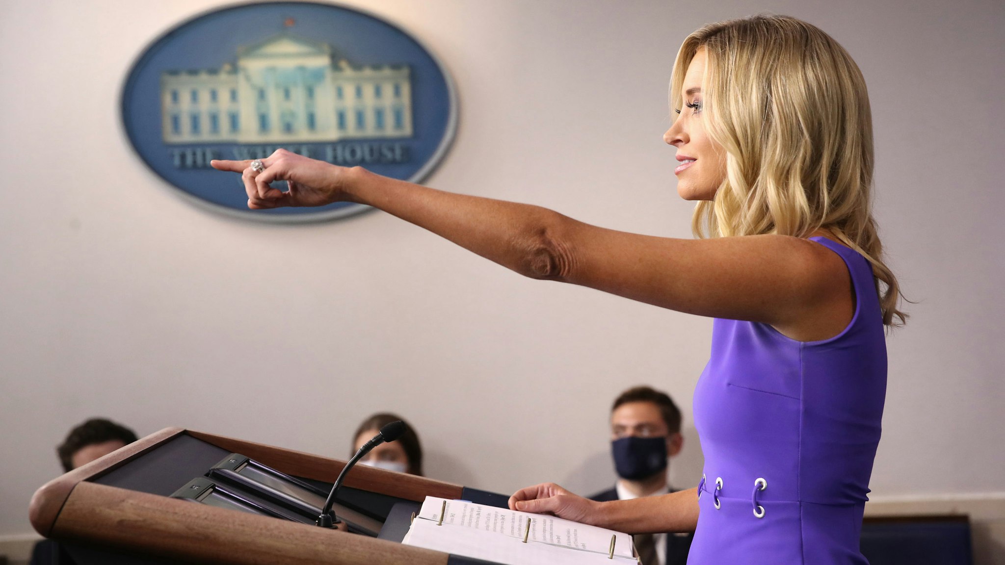 WASHINGTON, DC - MAY 28: White House press secretary Kayleigh McEnany answers questions during the daily briefing at the White House on May 28, 2020 in Washington, DC. McEnany answered a range of questions during the briefing.