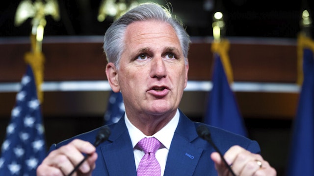 UNITED STATES - MAY 7: House Minority Leader Kevin McCarthy, R-Calif., conducts a news conference in the Capitol Visitor Center where he took questions from reporters working offsite because of the COVID-19 pandemic on Thursday, May 7, 2020.