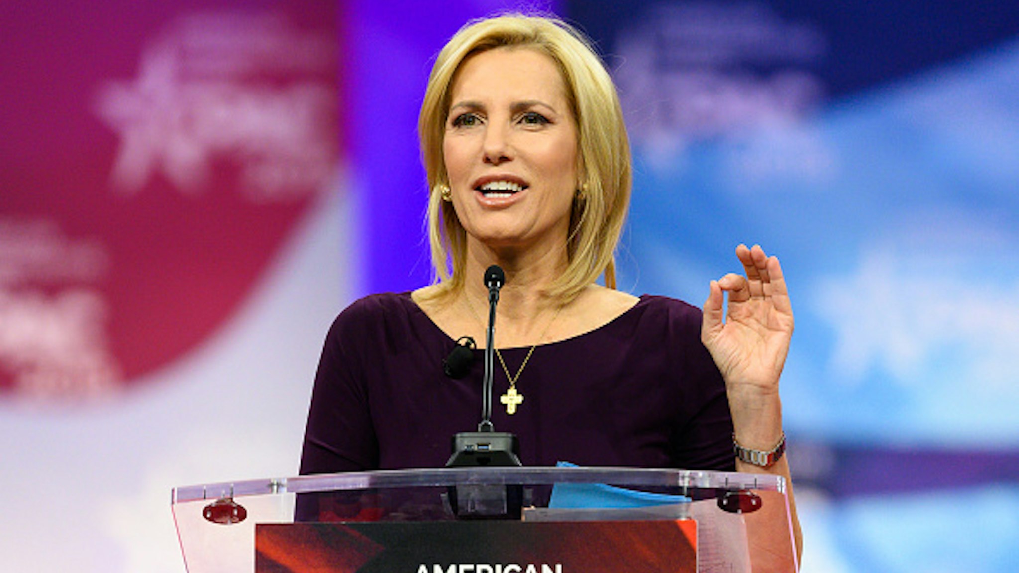OXON HILL, MD, UNITED STATES - 2019/02/28: Laura Ingraham, host of The Ingraham Angle on Fox News Channel, seen speaking during the American Conservative Union's Conservative Political Action Conference (CPAC) at the Gaylord National Resort &amp; Convention Center in Oxon Hill, MD.