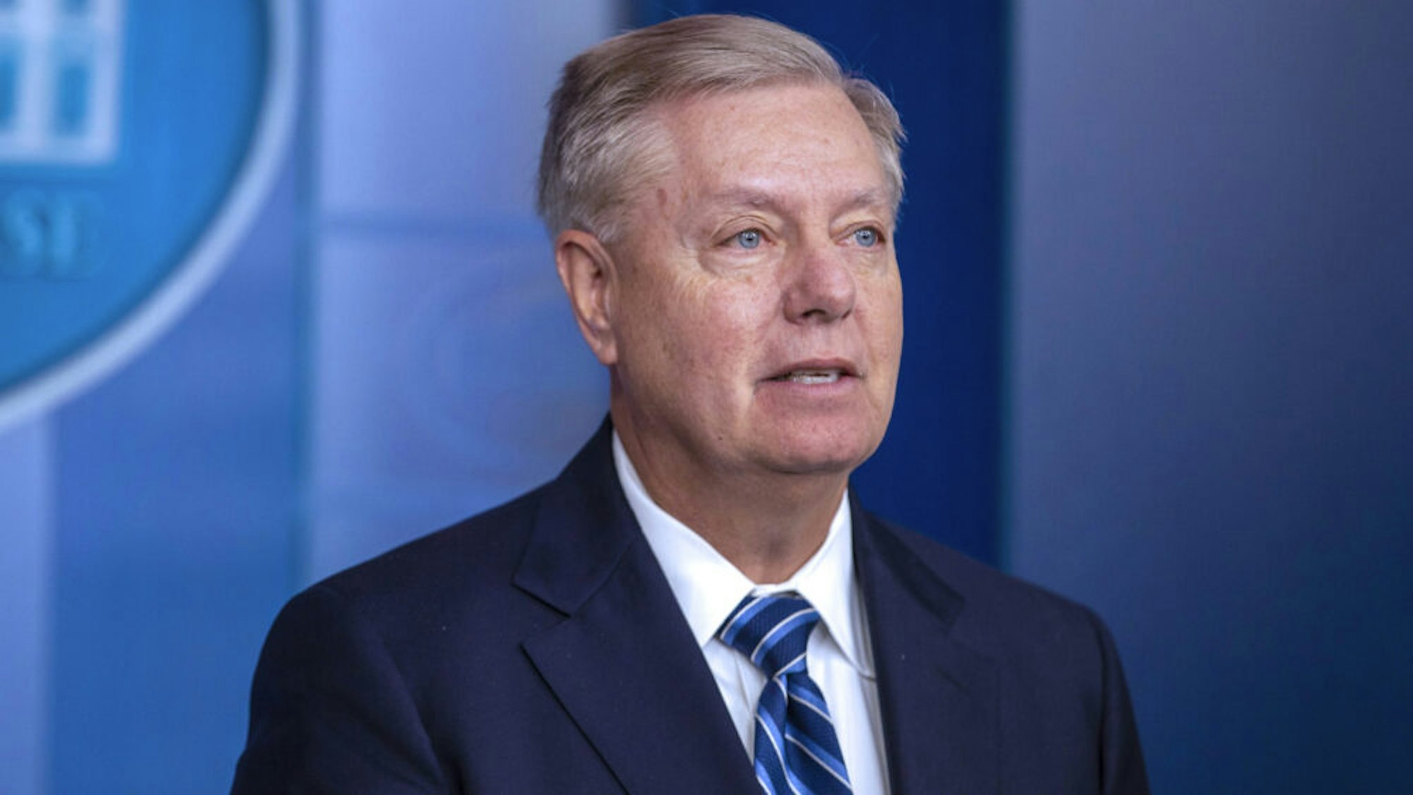WASHINGTON, DC - OCTOBER 27: U.S. Senator Lindsey Graham (R-SC) speaks to the media after President Donald Trump delivered remarks on the death of ISIS leader Abu Bakr al-Baghdadi, at the White House on October 27, 2019 in Washington, DC. President Trump had announced that ISIS leader Abu Bakr al-Baghdadi has been killed in a military operation in northwest Syria.