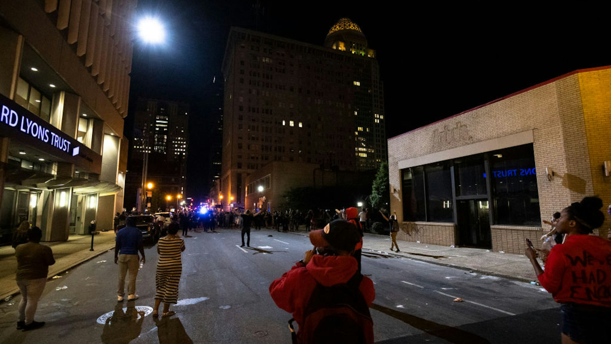 LOUISVILLE, KY - MAY 29: A helicopter illuminates protestors in the street as they walk towards police on May 29, 2020 in Louisville, Kentucky. Protests have erupted after recent police-related incidents resulting in the deaths of African-Americans Breonna Taylor in Louisville and George Floyd in Minneapolis, Minnesota.
