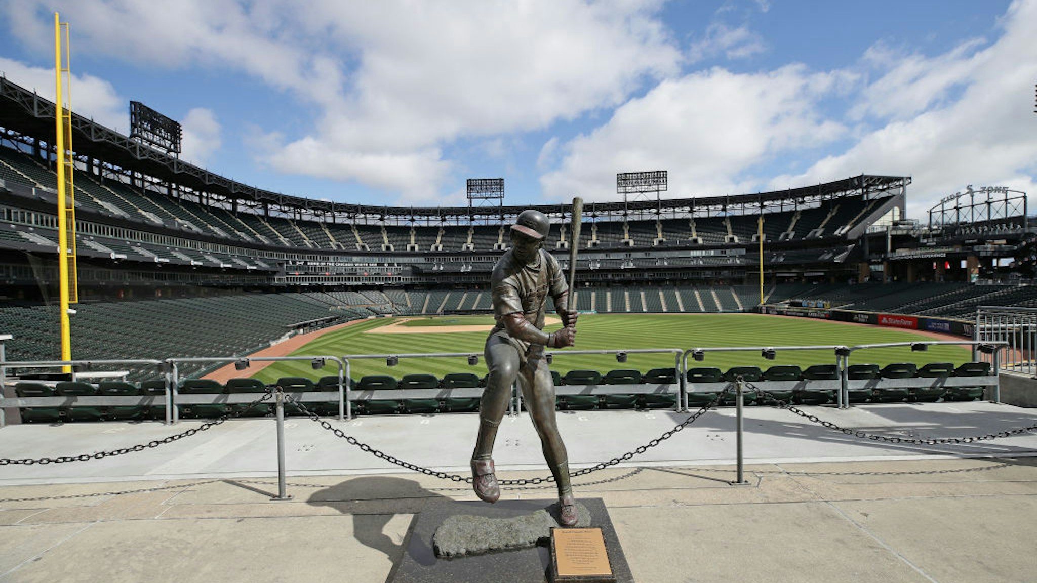 CHICAGO, ILLINOIS - MAY 08: A general view of a statue of Chicago White Sox Hall of Fame player Harold Baines is seen in the outfield of Guaranteed Rate Feld, home of the White Sox, on May 08, 2020 in Chicago, Illinois. The 2020 Major League Baseball season is on hold due to the COVID-19 pandemic. (Photo by Jonathan Daniel/Getty Images)