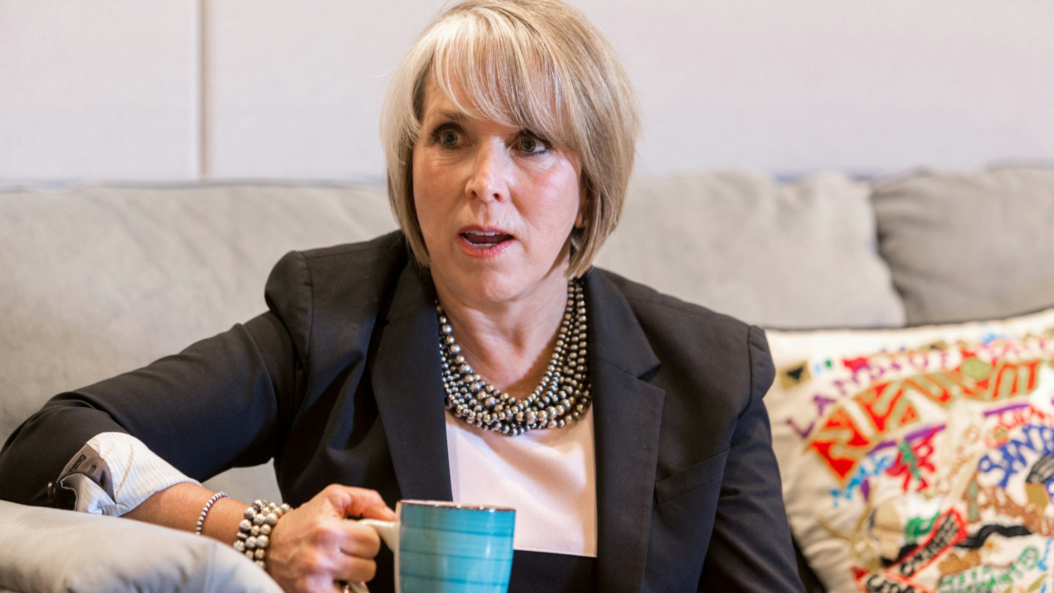 Michelle Lujan Grisham, governor of New Mexico, speaks during an interview at her office in Santa Fe, New Mexico, U.S., on Thursday, Aug. 8, 2019. Lujan Grisham is balancing her concern over the catastrophic effects of climate change with the state's extraordinary dependence on oil and gas.
