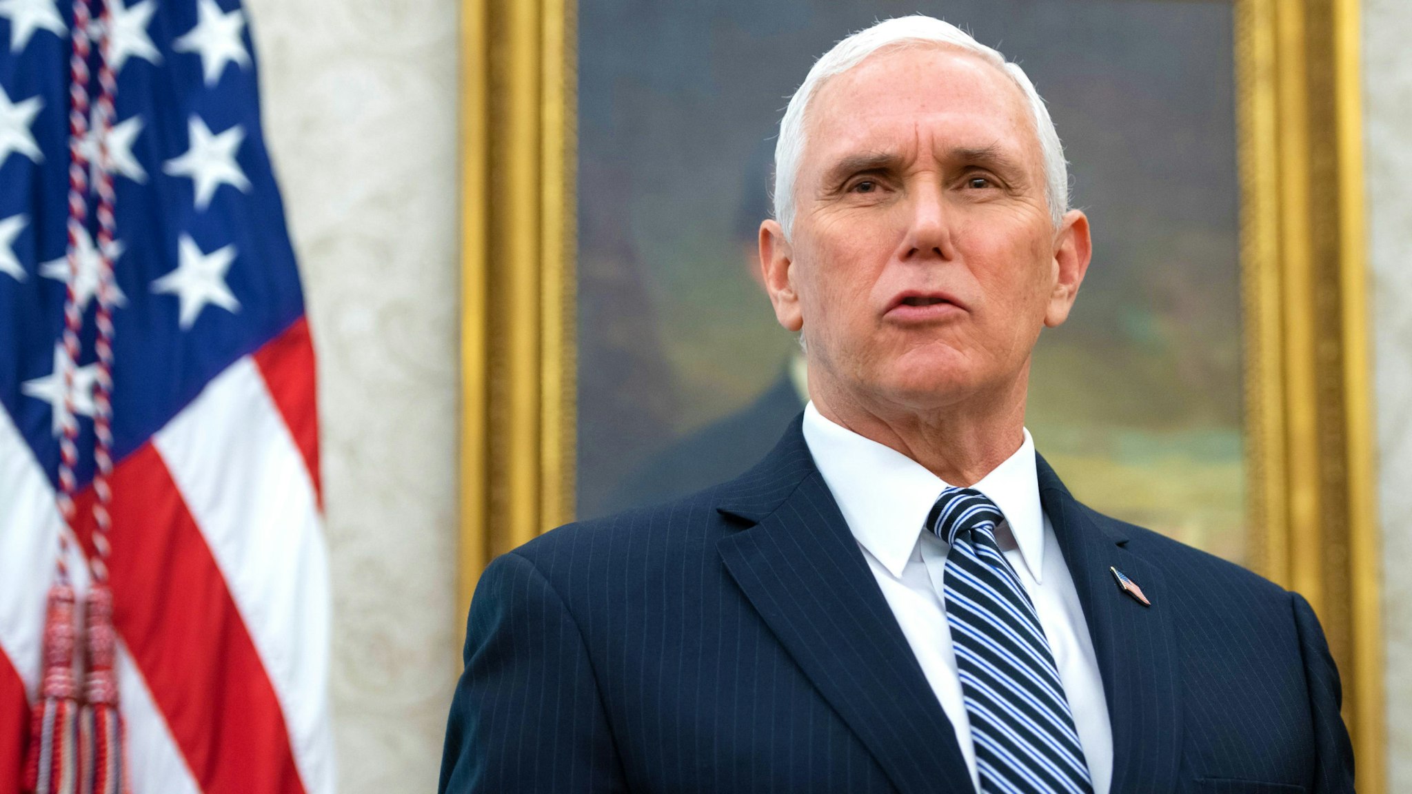 US Vice President Mike Pence speaks during an event with President Donald Trump to sign a Proclamation in honor of National Nurses Day in the Oval Office of the White House in Washington, DC, May 6, 2020.