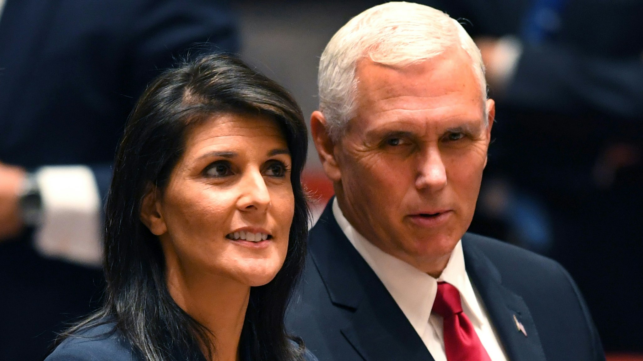 US Vice President Mike Pence (R) and Ambassador to the United Nations Nikki Haley attend a meeting of the UN Security Council on peacekeeping operations, during the 72nd session of the General Assembly in New York on September 20, 2017.